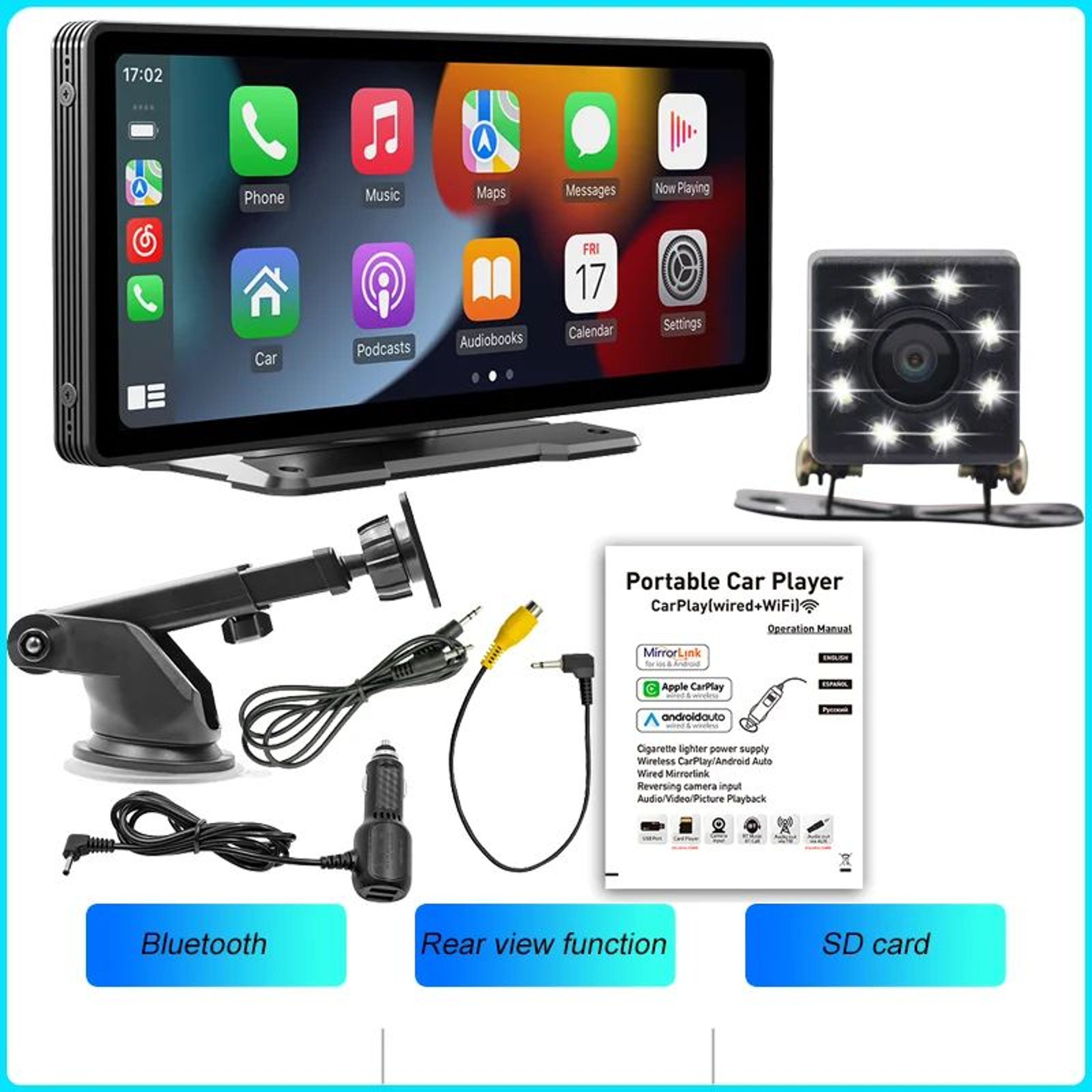 BQCC 1026in Portable Wireless CarPlay  Android Auto Screen  HD Touchscreen Car Stereo With Backup C 7
