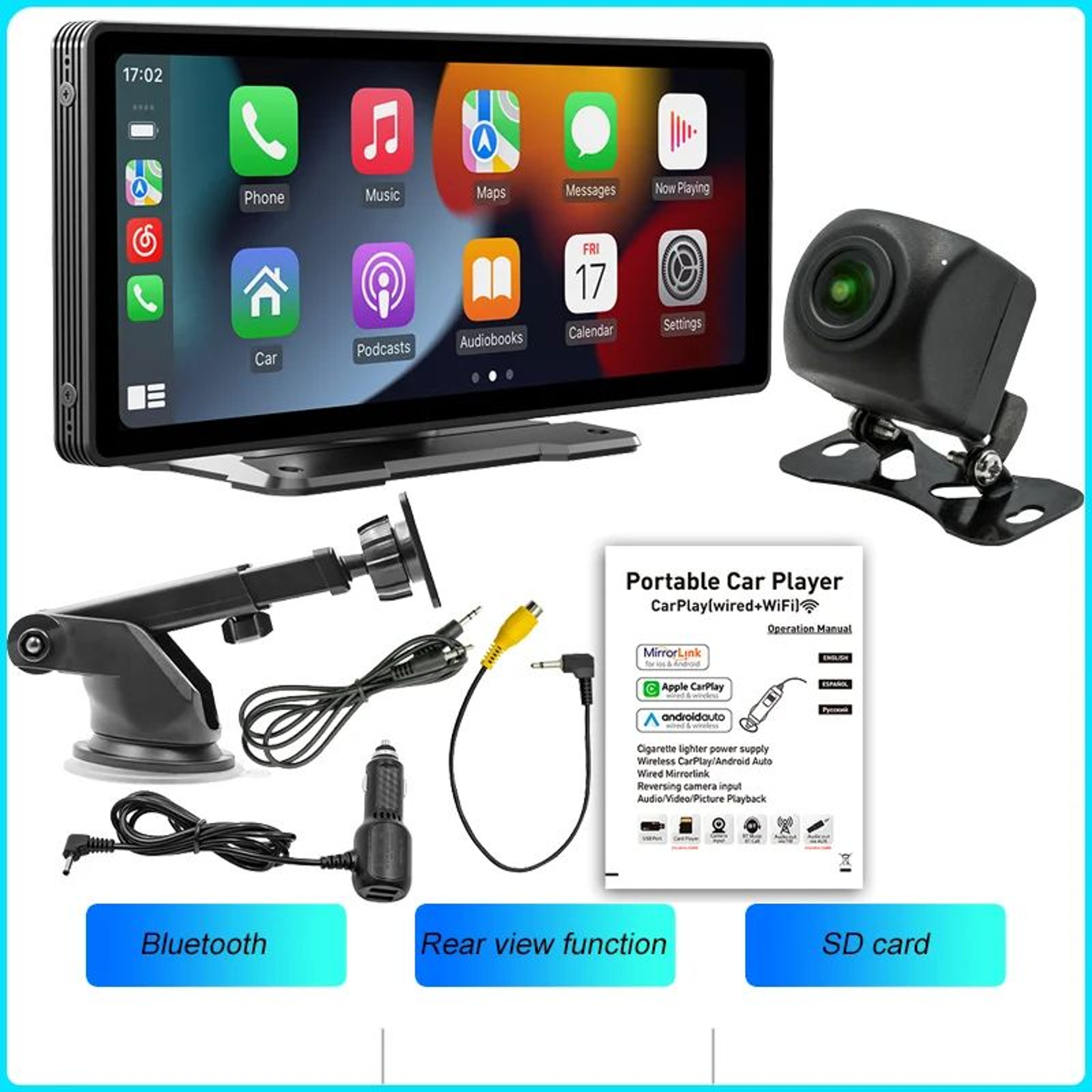 BQCC 1026in Portable Wireless CarPlay  Android Auto Screen  HD Touchscreen Car Stereo With Backup C 9