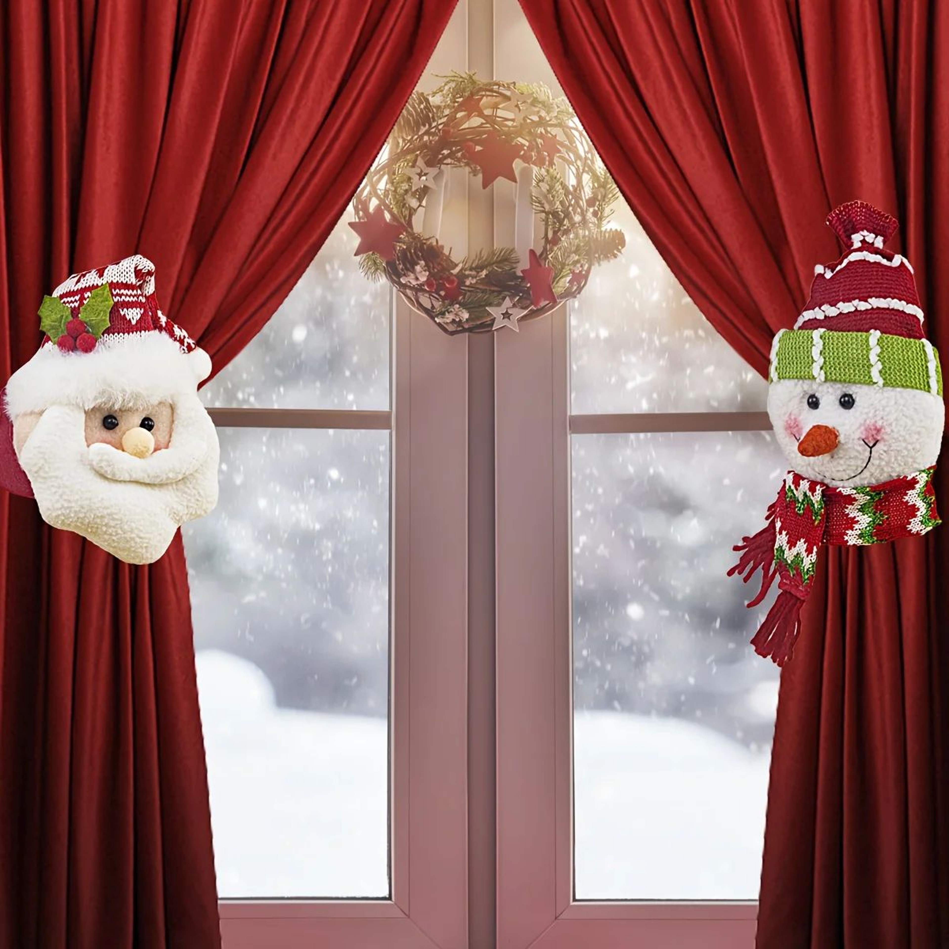 Christmas Curtain Clips Hooks  Santa  Snowman Retro Plaid Window Decoration 1