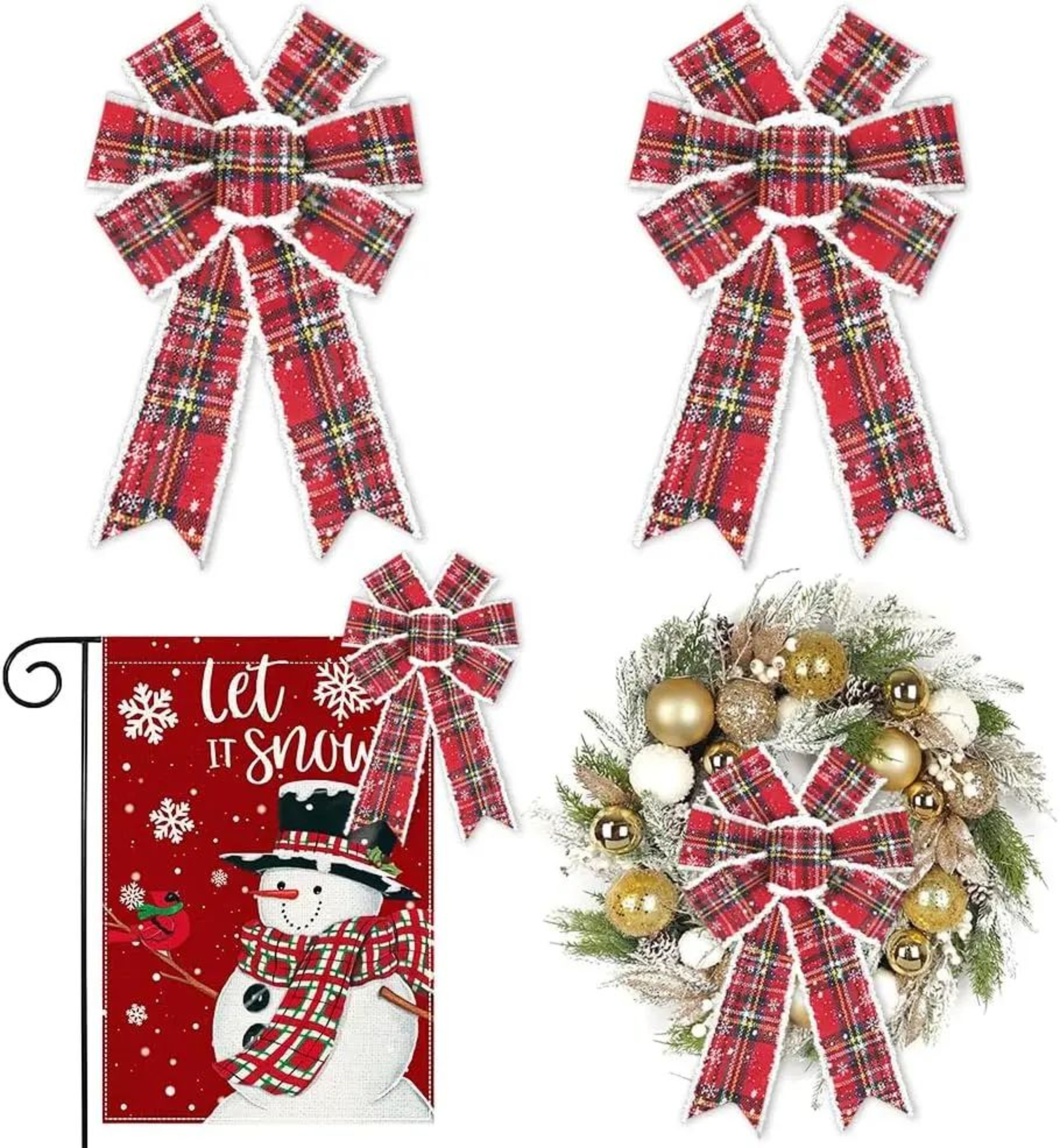Vintage Buffalo Plaid Christmas Wreath Bows  2 Pcs Red Snowflake Holiday Tree  Door Decoration Bows 5