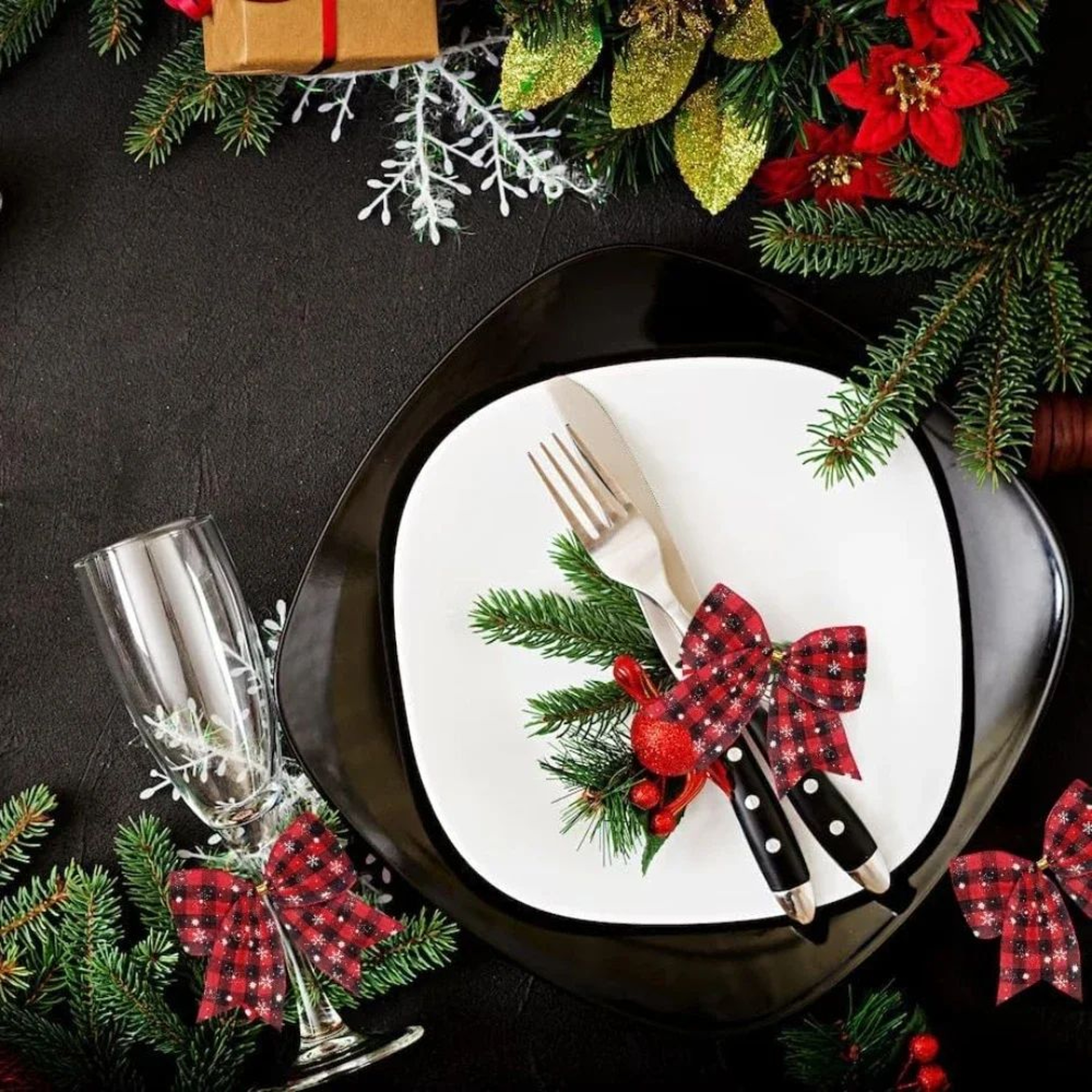 Red Black Buffalo Plaid Christmas Wreath Bows  10 Pcs Snowflake Burlap Tree  Door Decoration Bows 3
