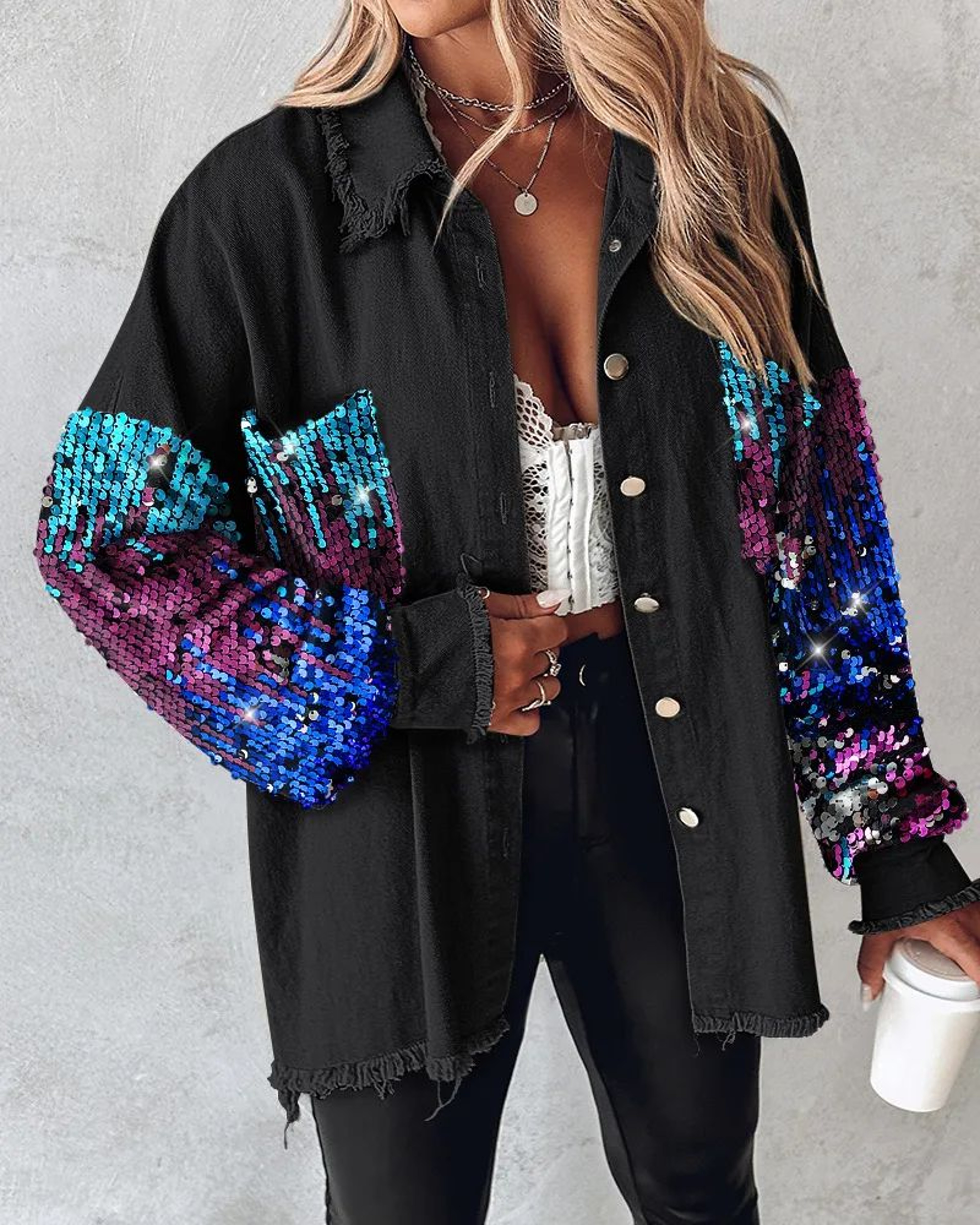 Sequin Colorblock Shacket Jacket  Womens Contrast ButtonUp Raw Hem High Street Coat 8