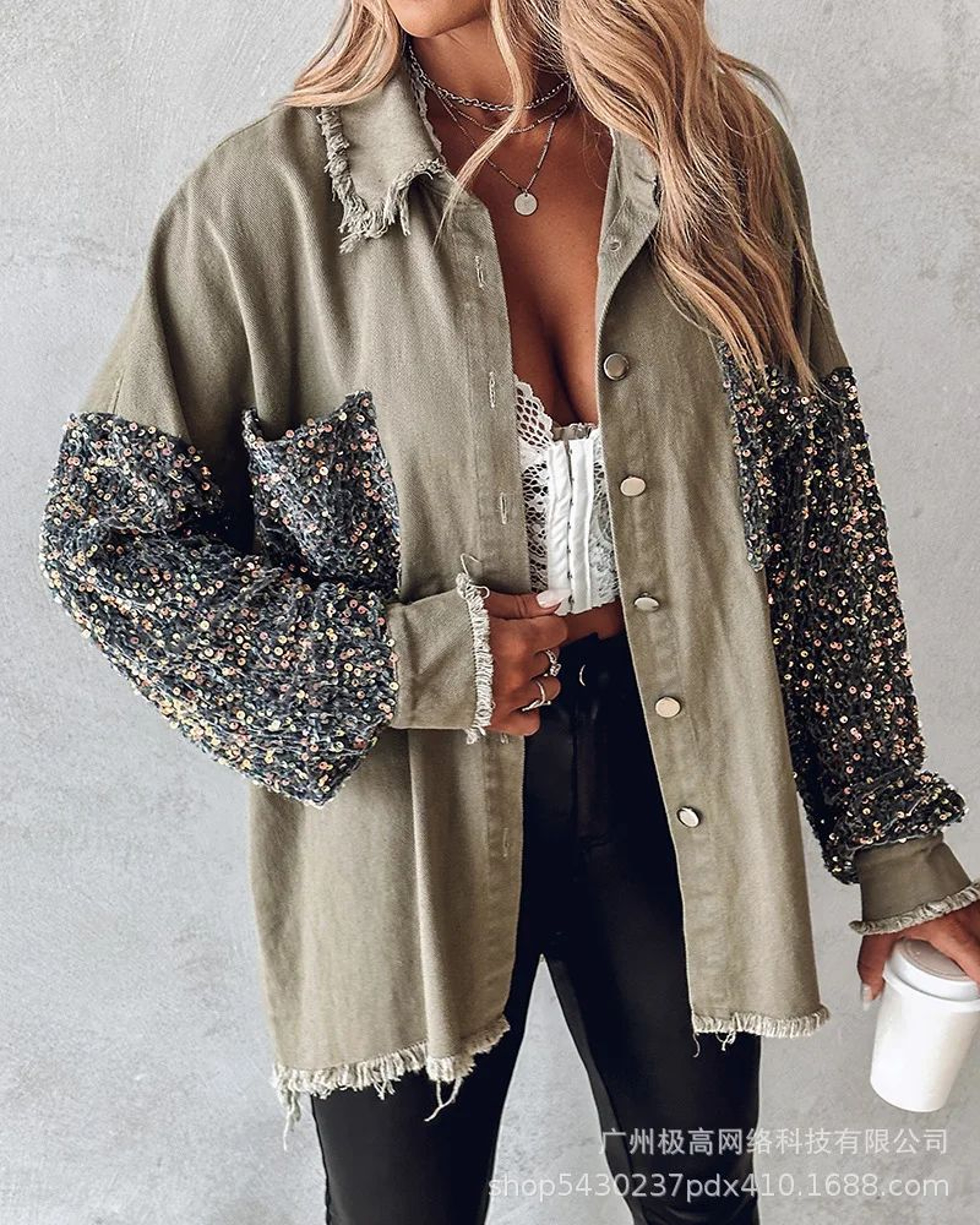 Sequin Colorblock Shacket Jacket  Womens Contrast ButtonUp Raw Hem High Street Coat 19