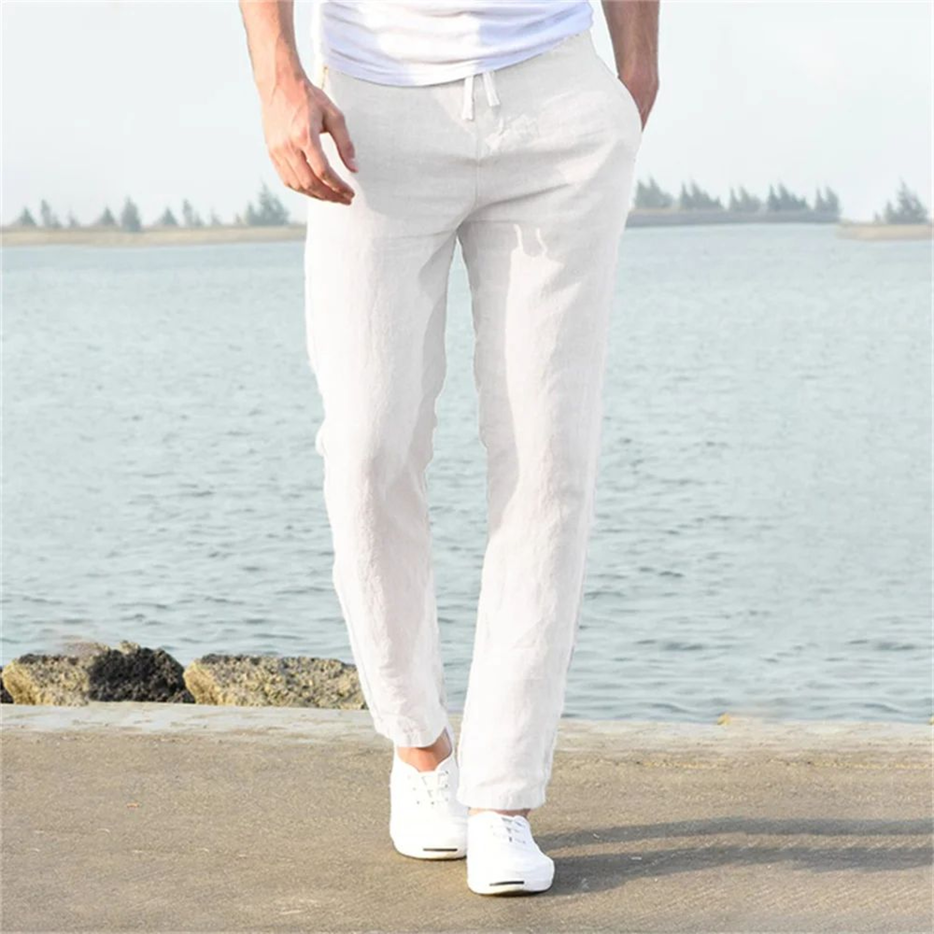 Mens Cotton Linen Breathable StraightLeg Pants  Casual Elastic Waist AnkleLength Streetwear Trouser 1