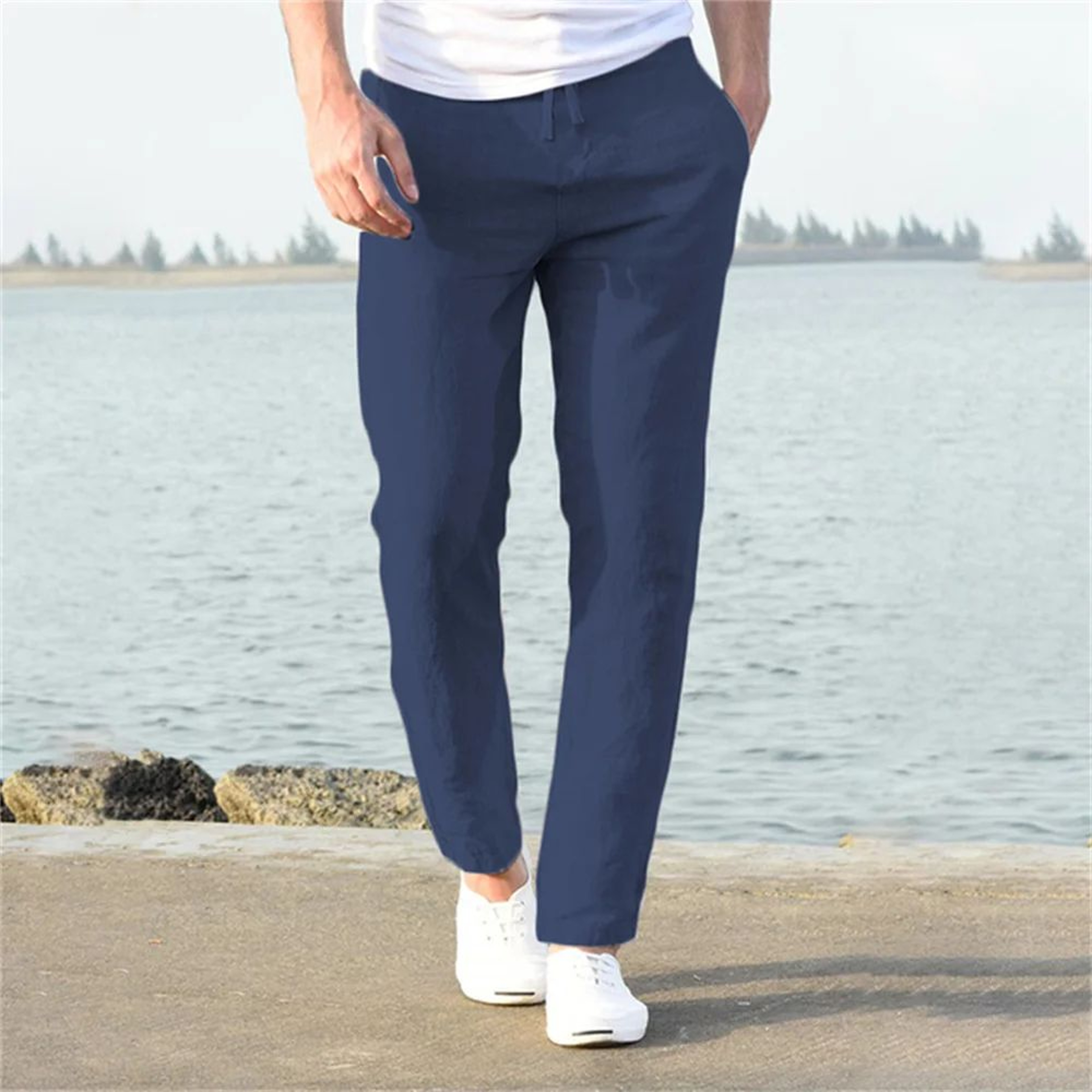 Mens Cotton Linen Breathable StraightLeg Pants  Casual Elastic Waist AnkleLength Streetwear Trouser 8