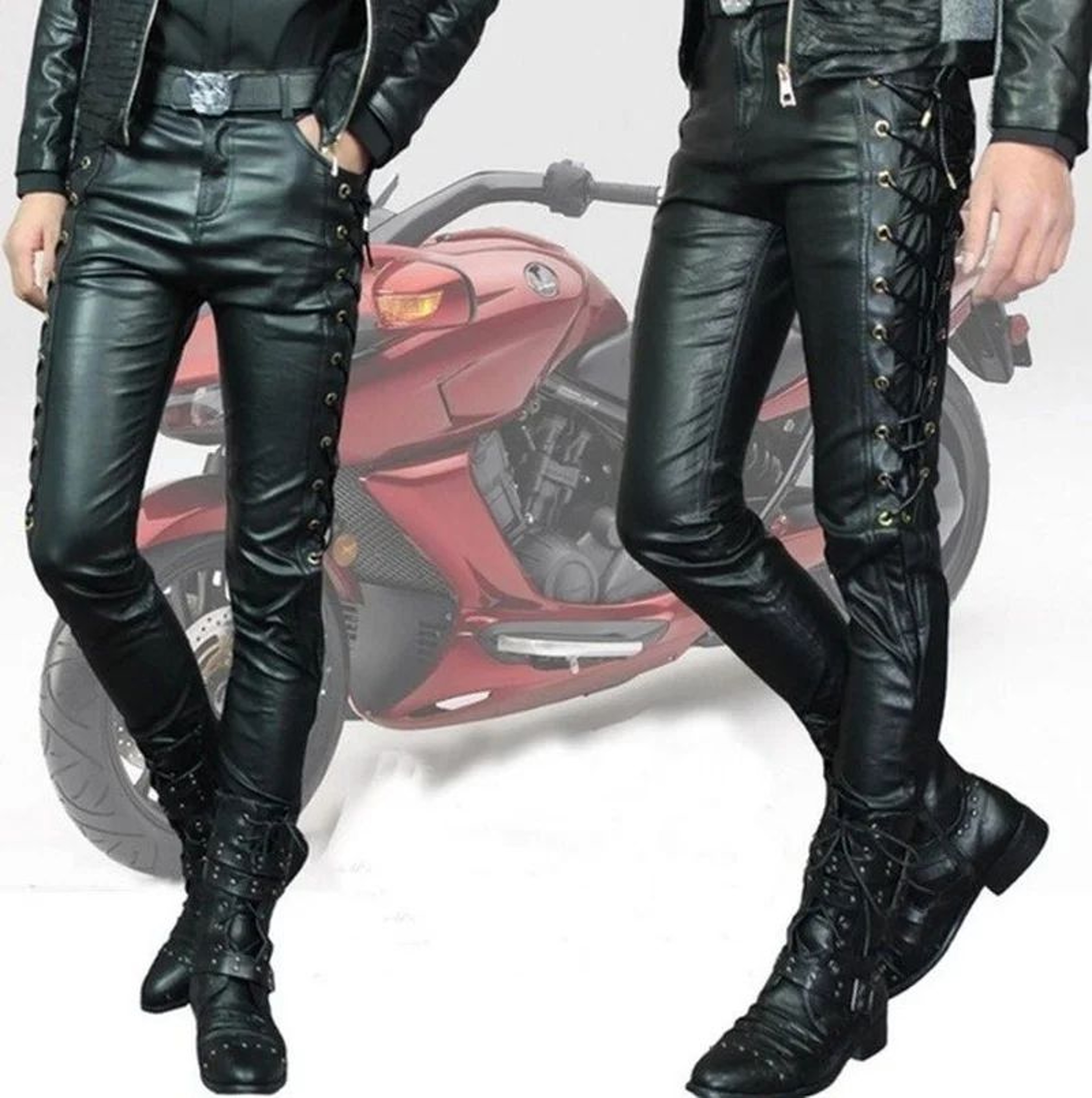 Mens Punk Style Faux Leather Motorcycle Pants  Black Side LaceUp Biker Trousers 1