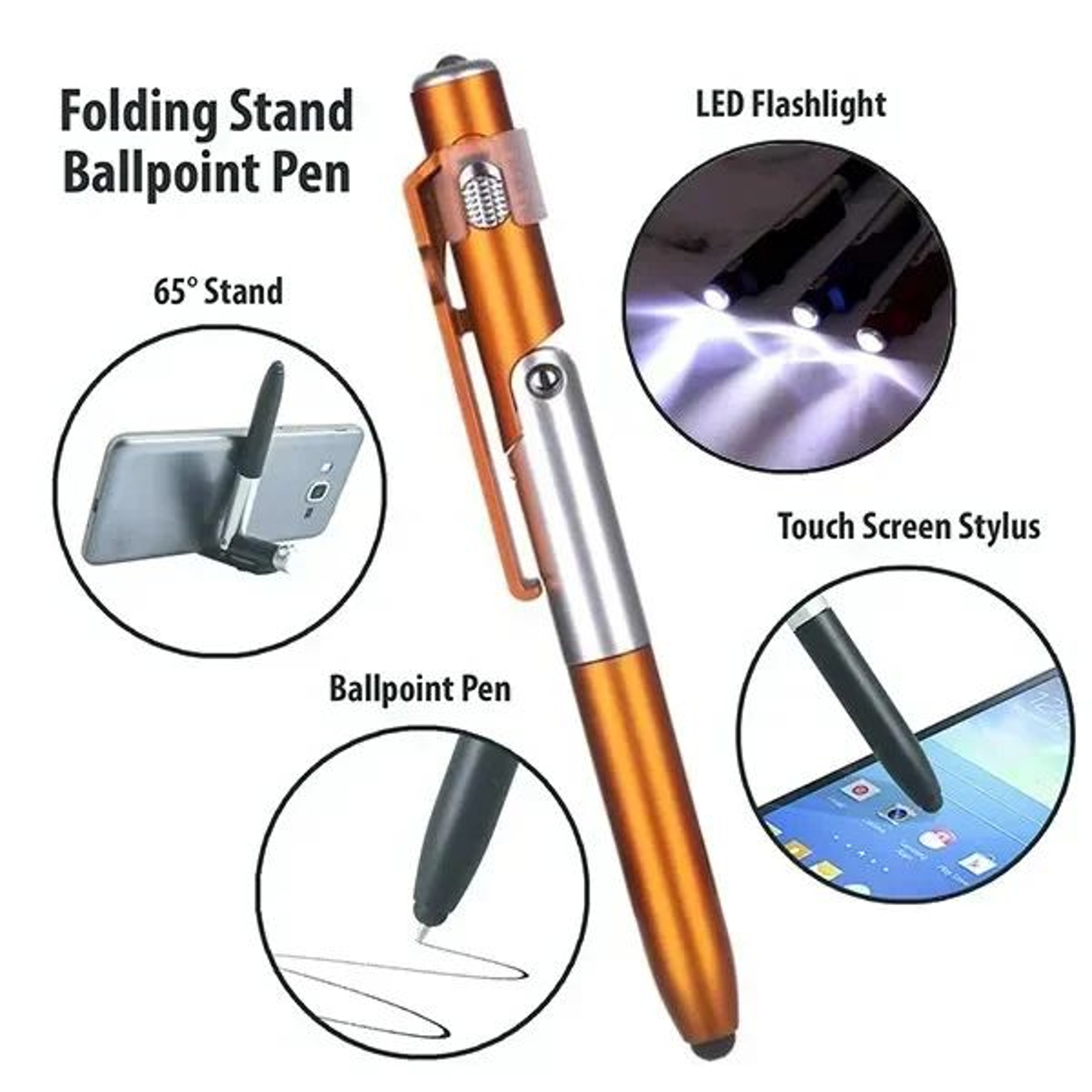 4in1 Multifunction Stylus Ballpoint Pen  Foldable Phone Holder Flashlight  Touchscreen Pen 4