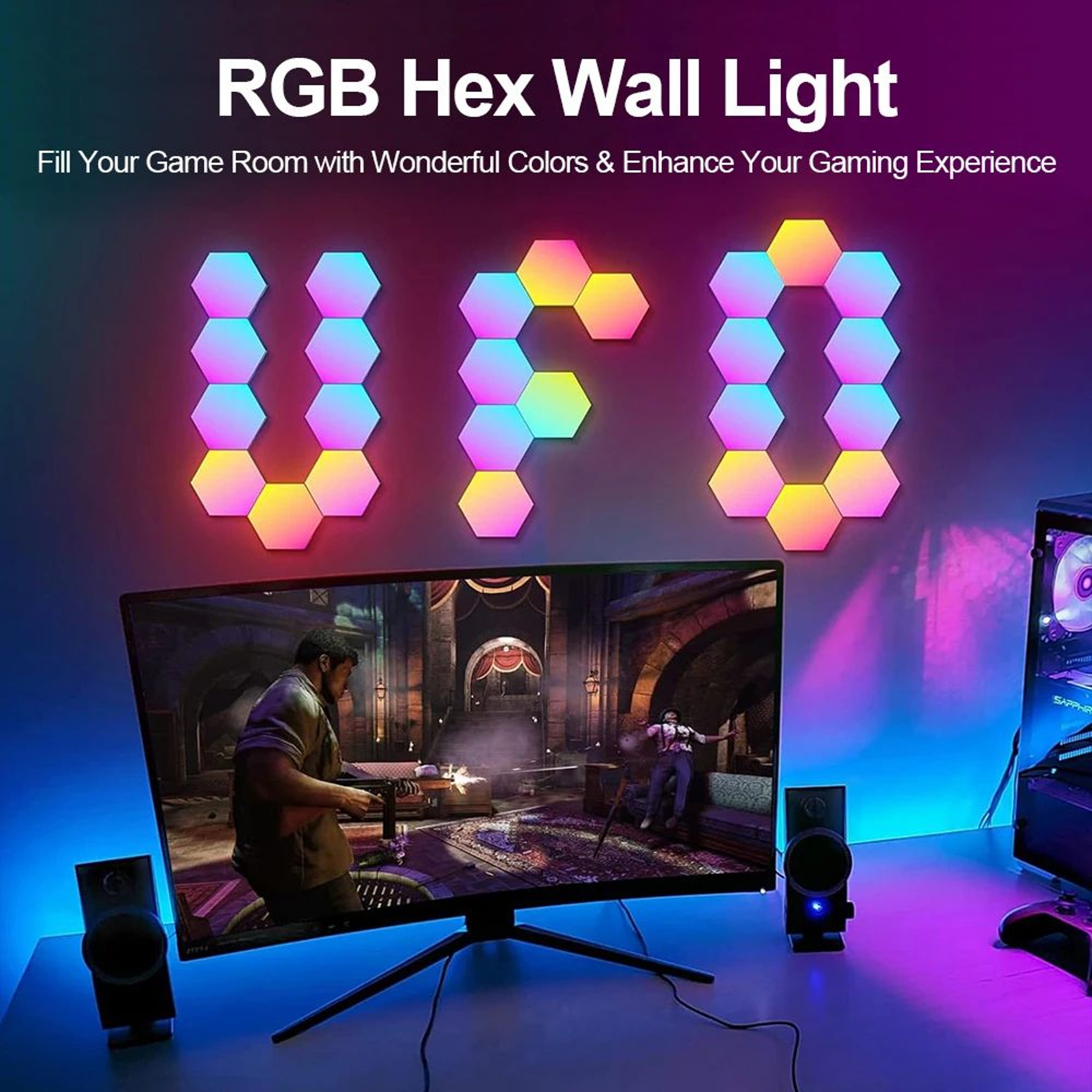 RGB Smart Hexagon Wall Lights  Music Sync LED Panels With App Control  DIY Modular Design 4