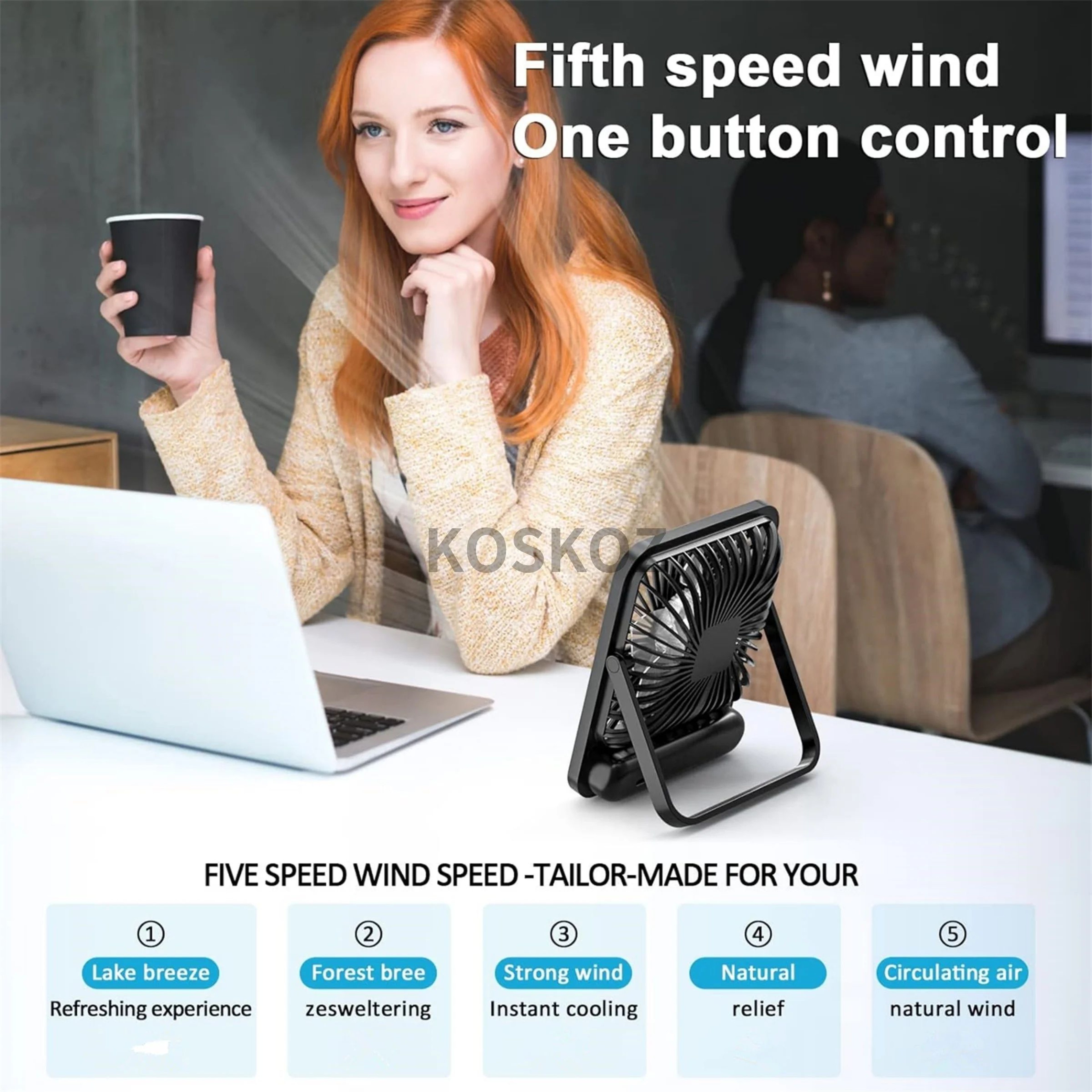 Portable USB Rechargeable Desk Fan  5Speed Ultra Quiet Folding Fan With Power Display 3