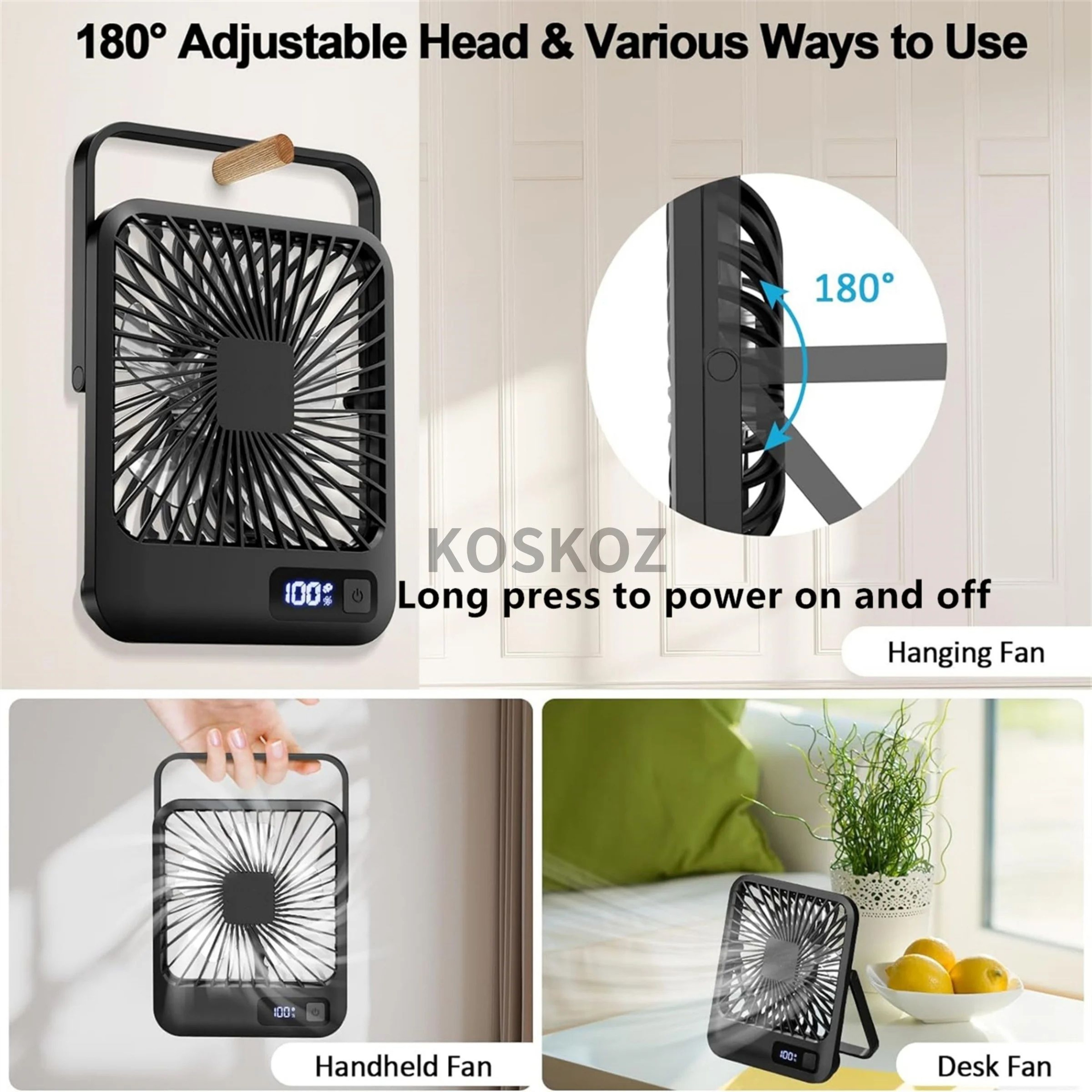 Portable USB Rechargeable Desk Fan  5Speed Ultra Quiet Folding Fan With Power Display 5
