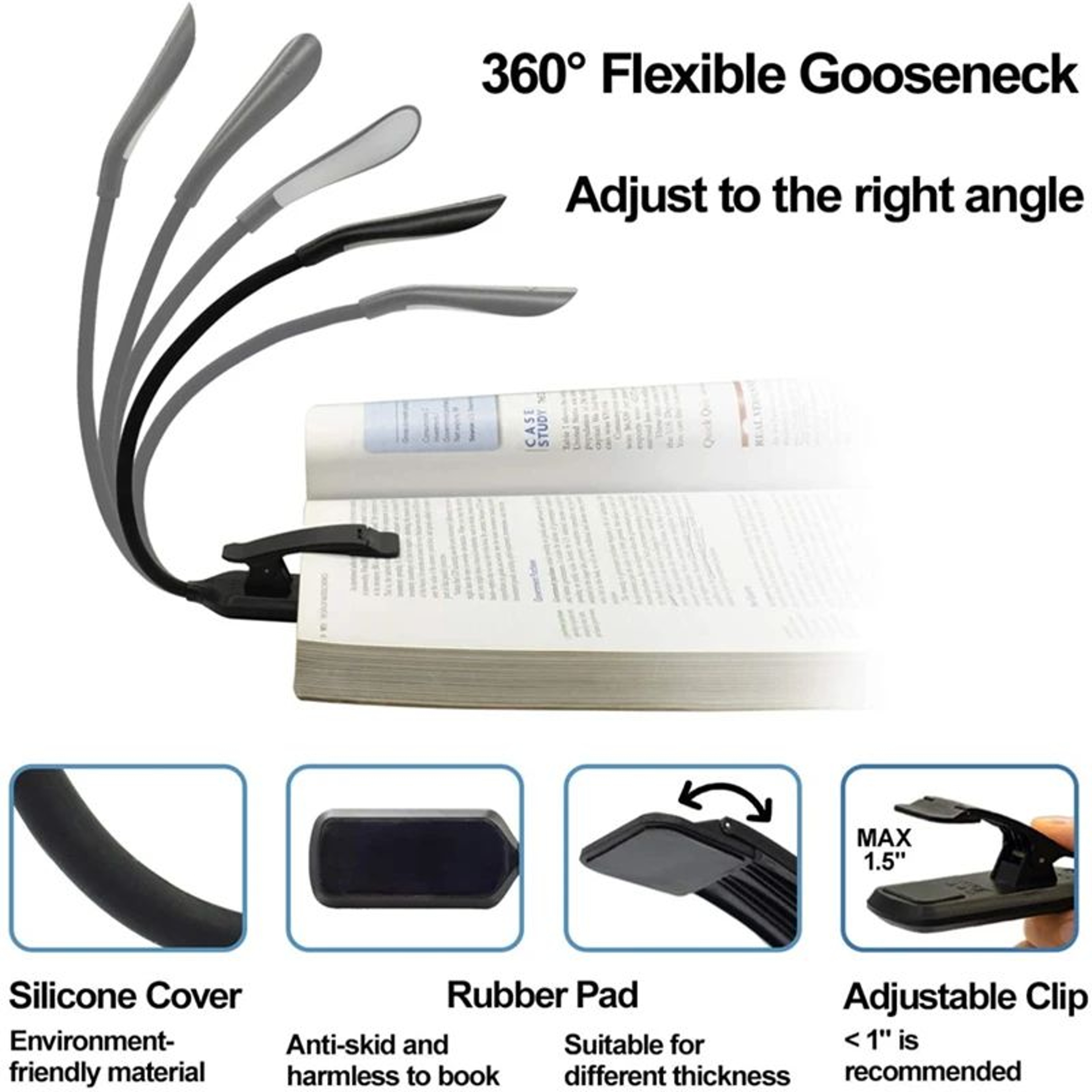 USB Rechargeable LED Book Light  Flexible ClipOn Reading Lamp With 3 Color Modes  Adjustable Bright 4