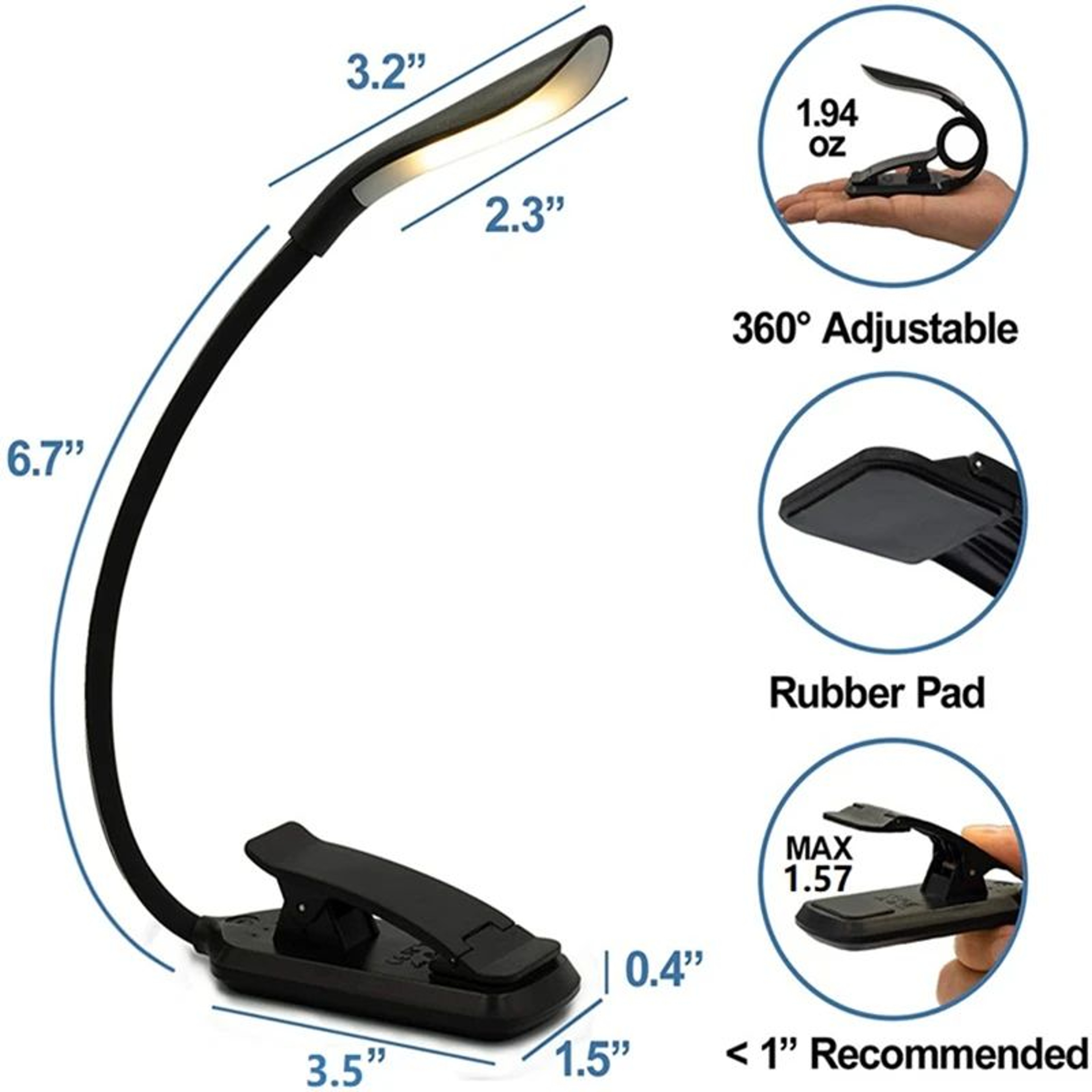 USB Rechargeable LED Book Light  Flexible ClipOn Reading Lamp With 3 Color Modes  Adjustable Bright 5