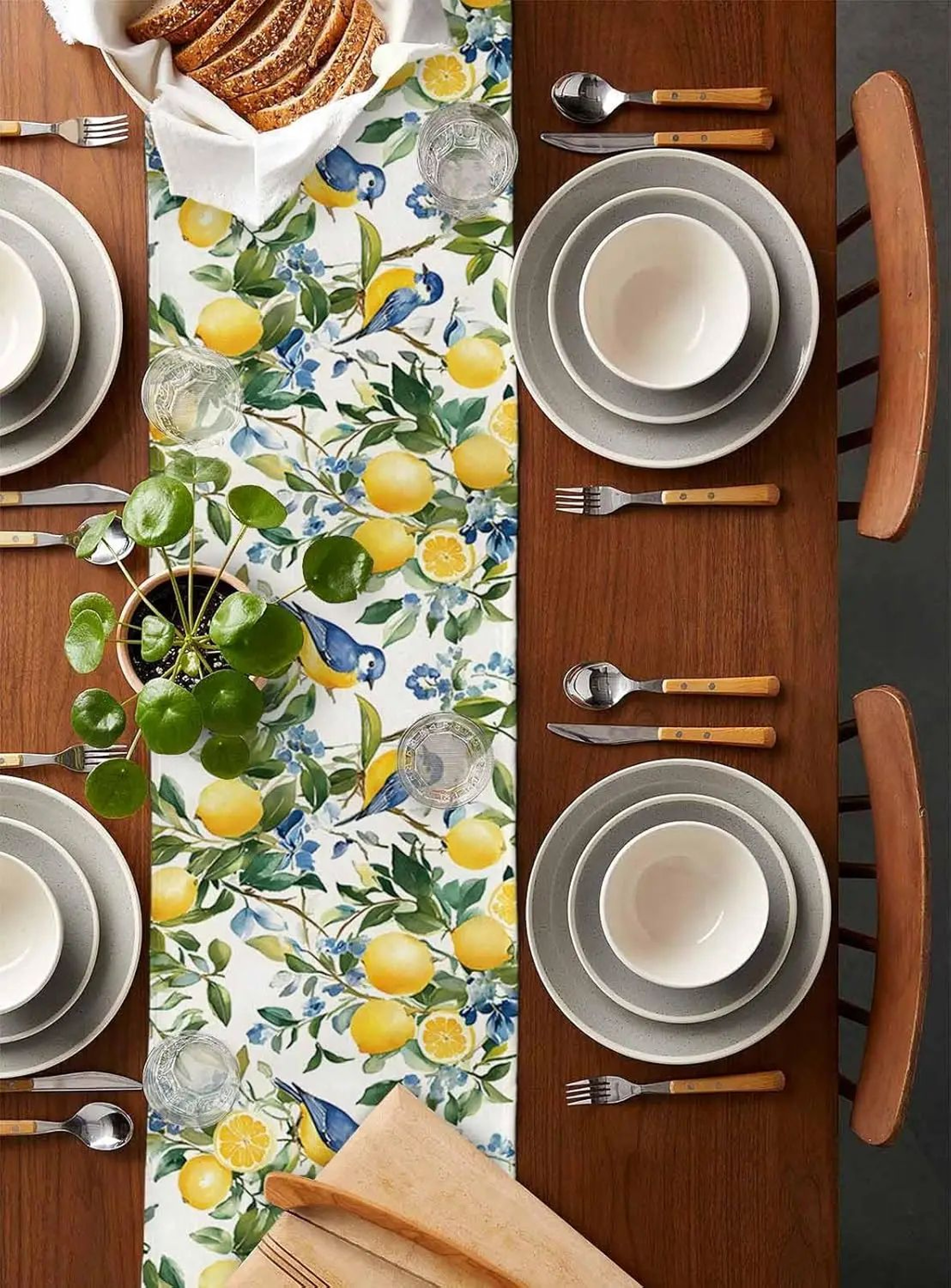 Lemon Tree  Blue Birds Linen Table Runner  Vintage Floral Fruit Dining Table Scarf Decor 1