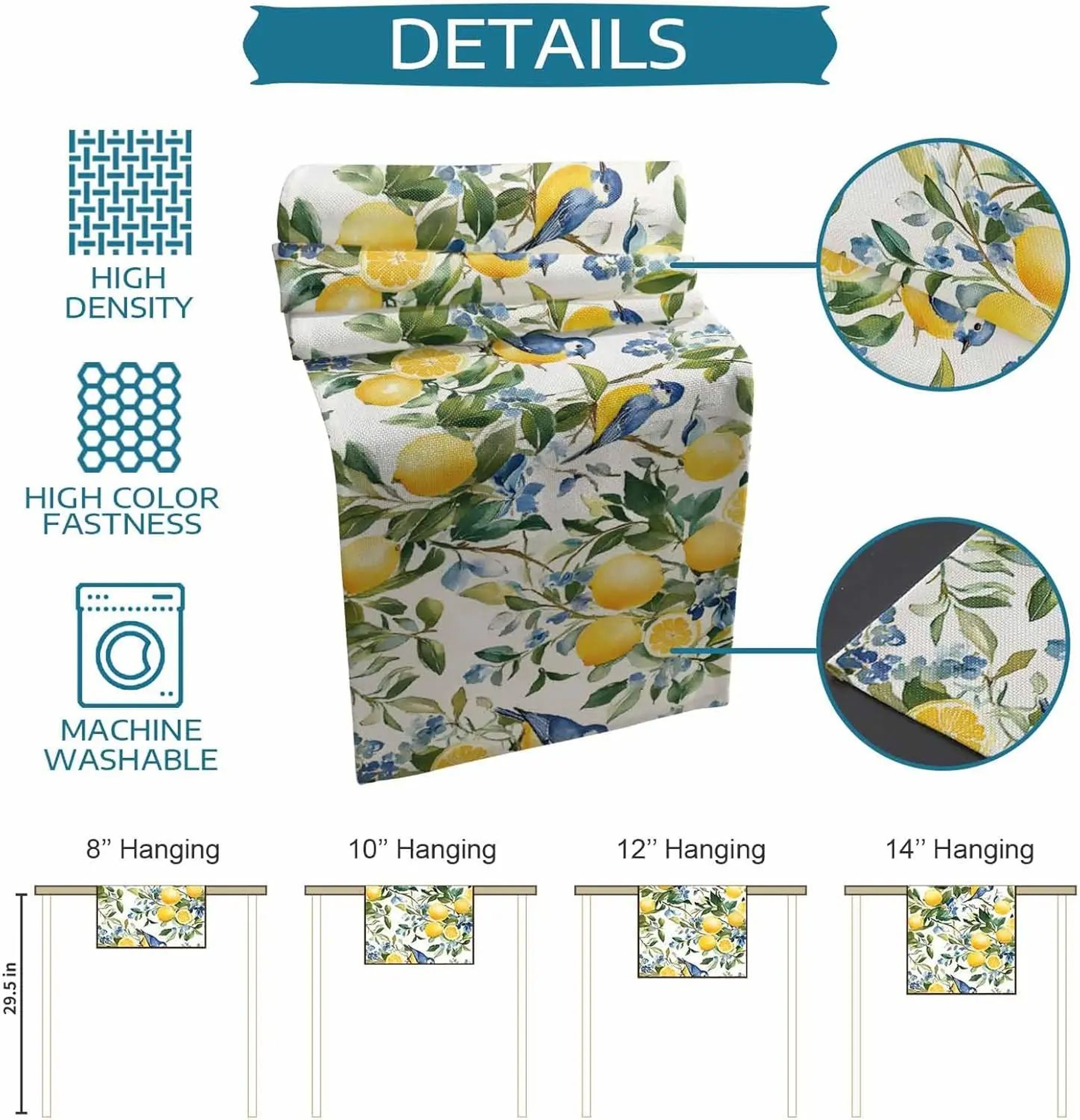 Lemon Tree  Blue Birds Linen Table Runner  Vintage Floral Fruit Dining Table Scarf Decor 5