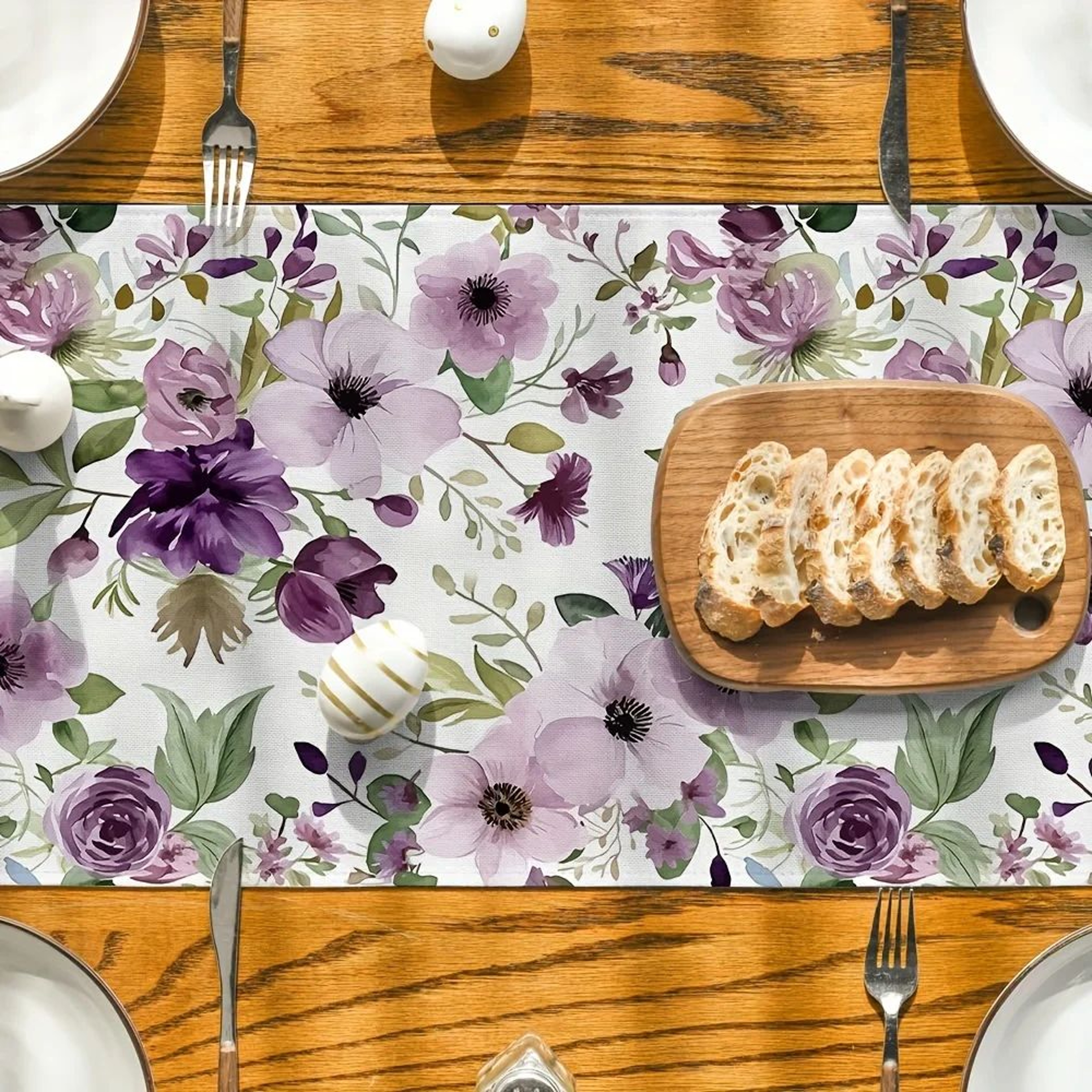 Watercolor Floral Linen Table Runner  Green Plant Pattern Seasonal Dining  Wedding Decor 1