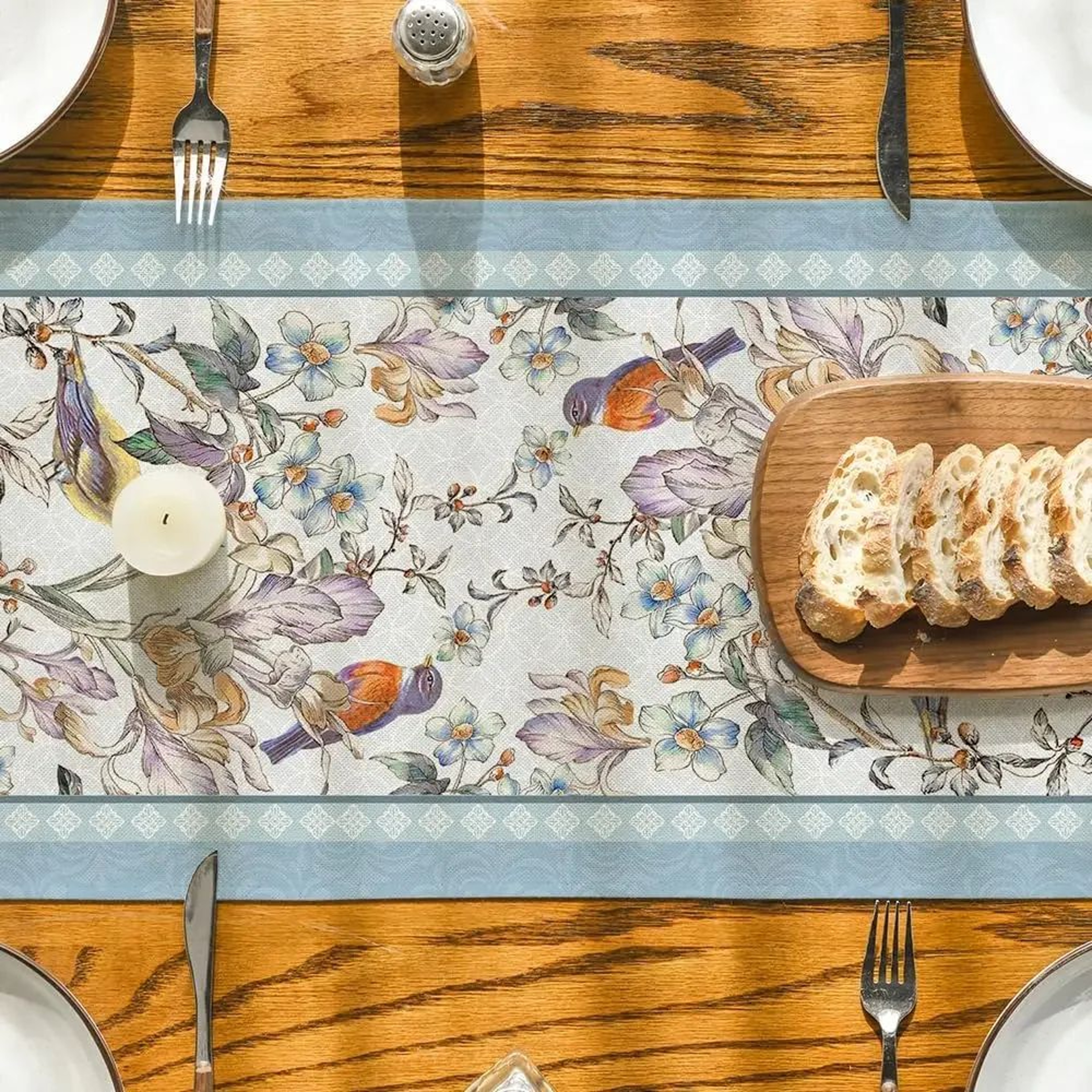 Blue Birds  Blossom Linen Table Runner  Elegant Floral Dining  Wedding Decor 3