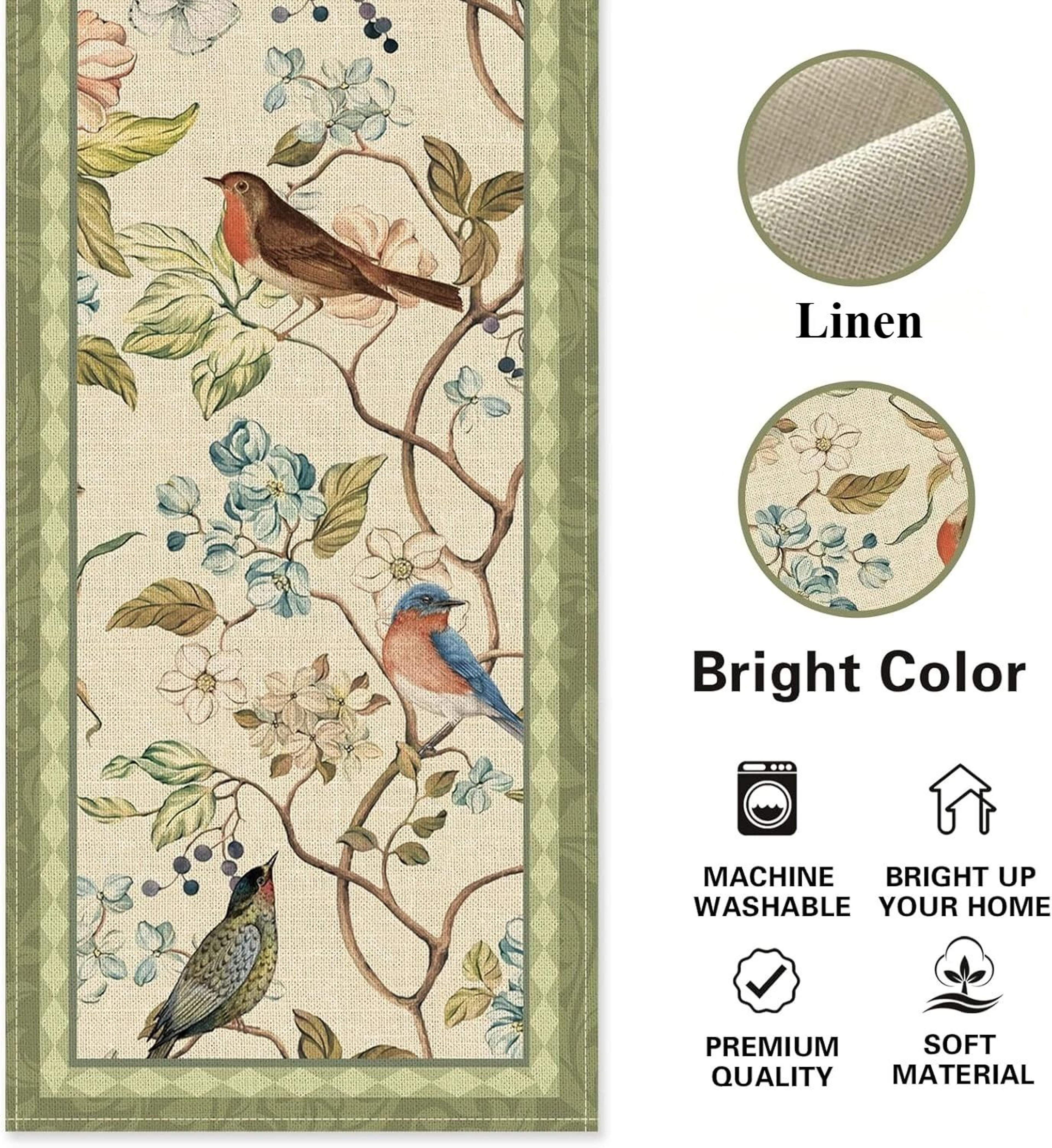 Vintage Floral Bird Linen Table Runner For Dining Table  Farmhouse Summer Botanical Decor 4