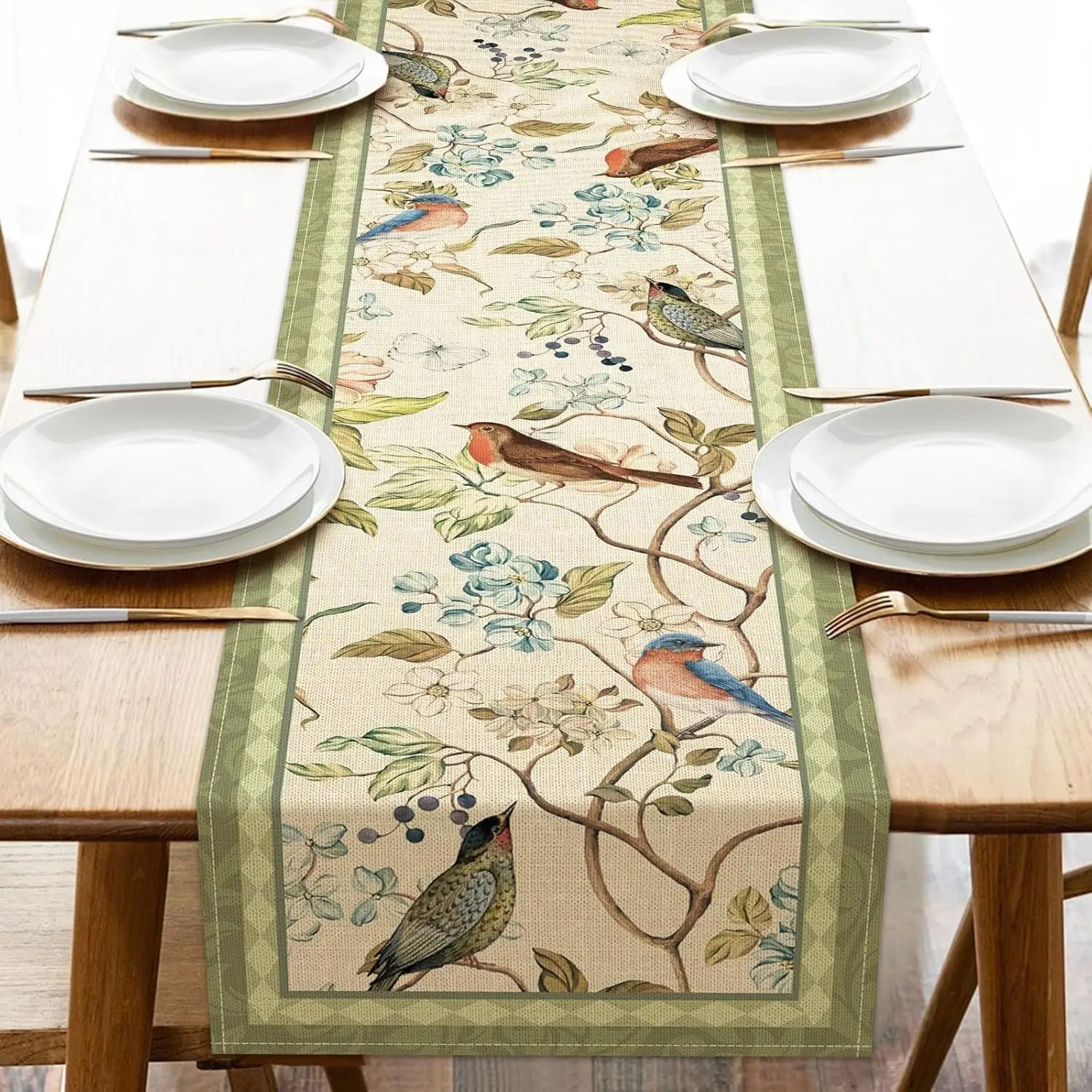 Vintage Floral Bird Linen Table Runner For Dining Table  Farmhouse Summer Botanical Decor 7