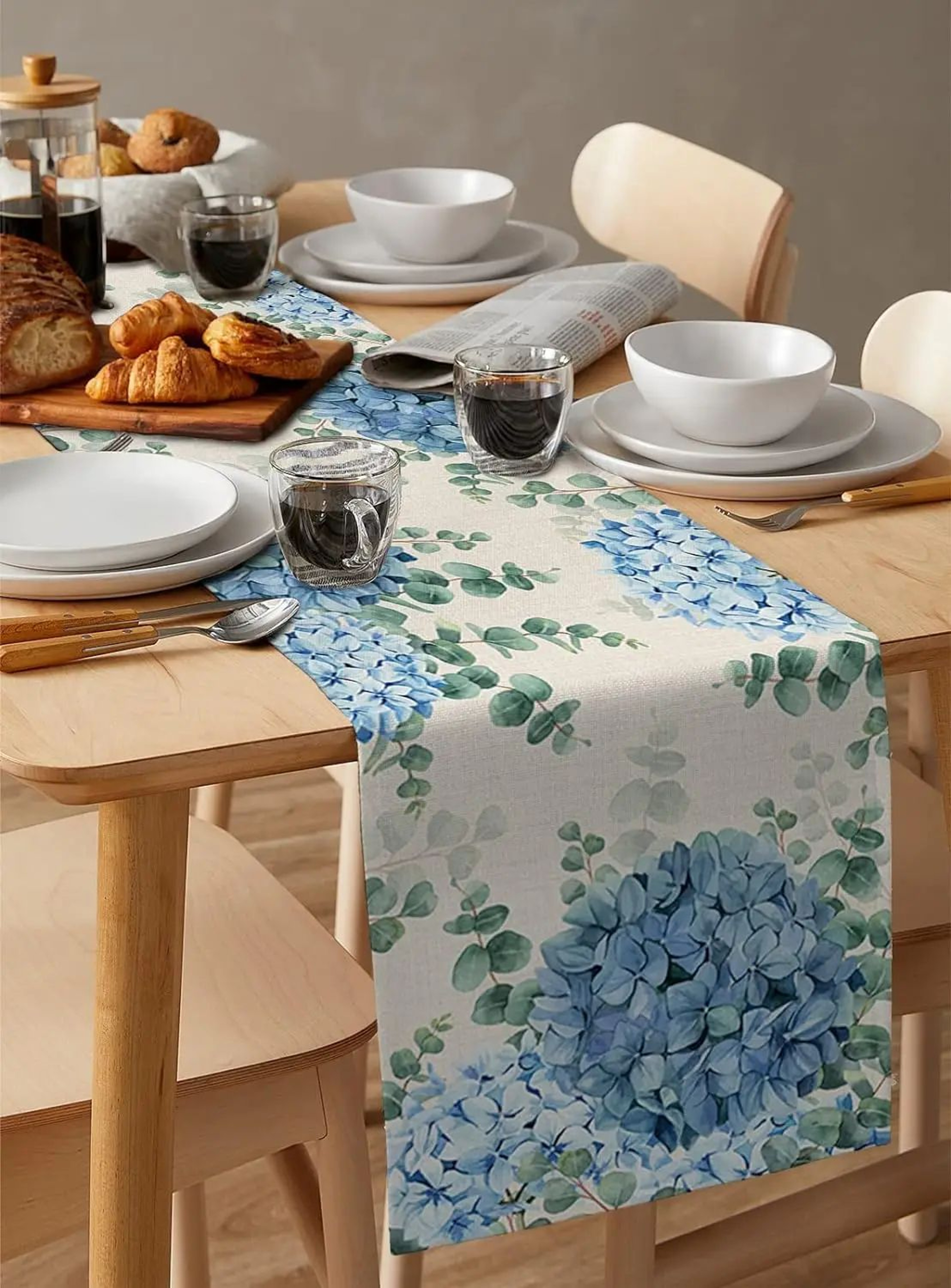 Blue Hydrangea Eucalyptus Linen Table Runner For Dining Table  Floral Farmhouse Wedding Decor 0