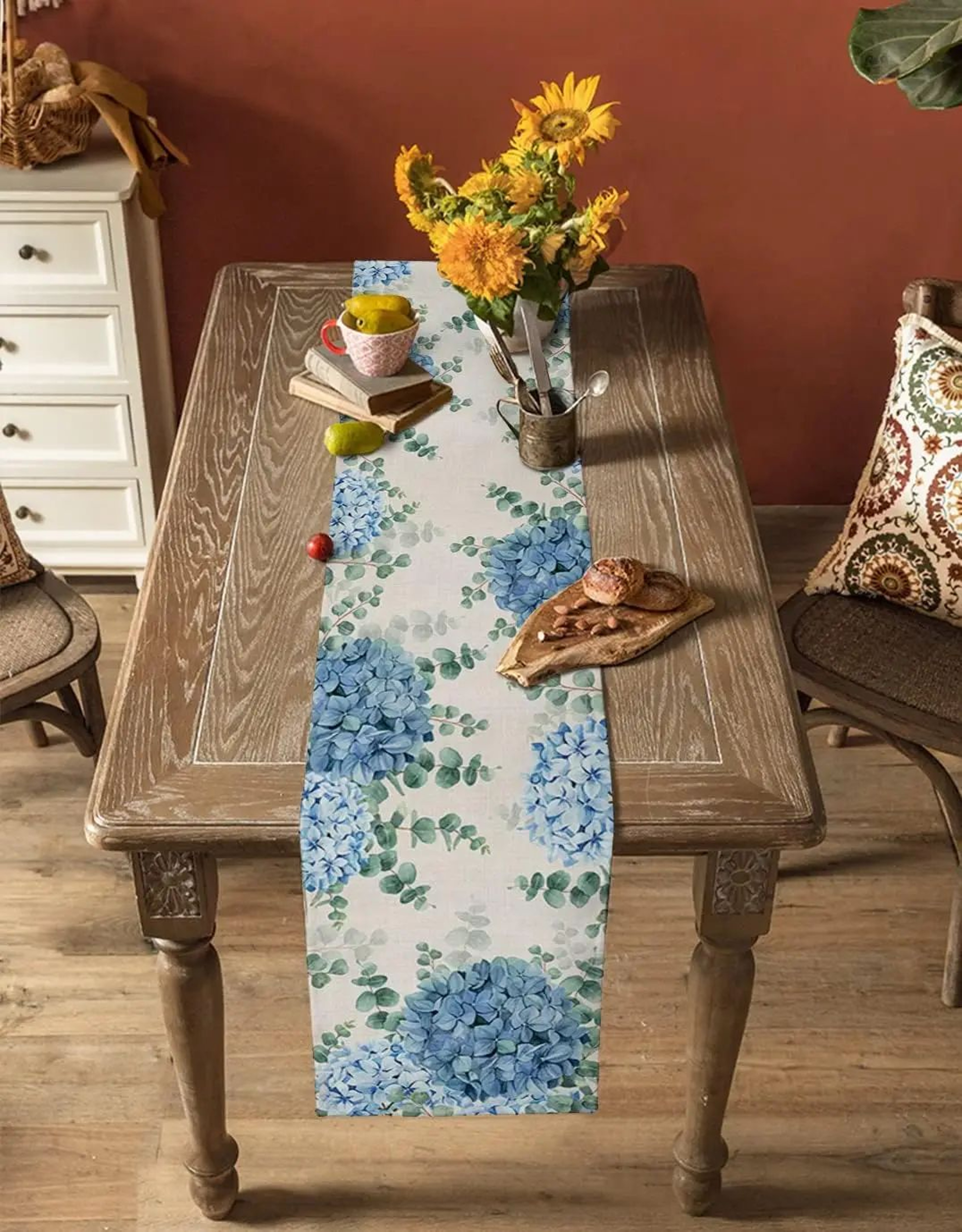 Blue Hydrangea Eucalyptus Linen Table Runner For Dining Table  Floral Farmhouse Wedding Decor 5