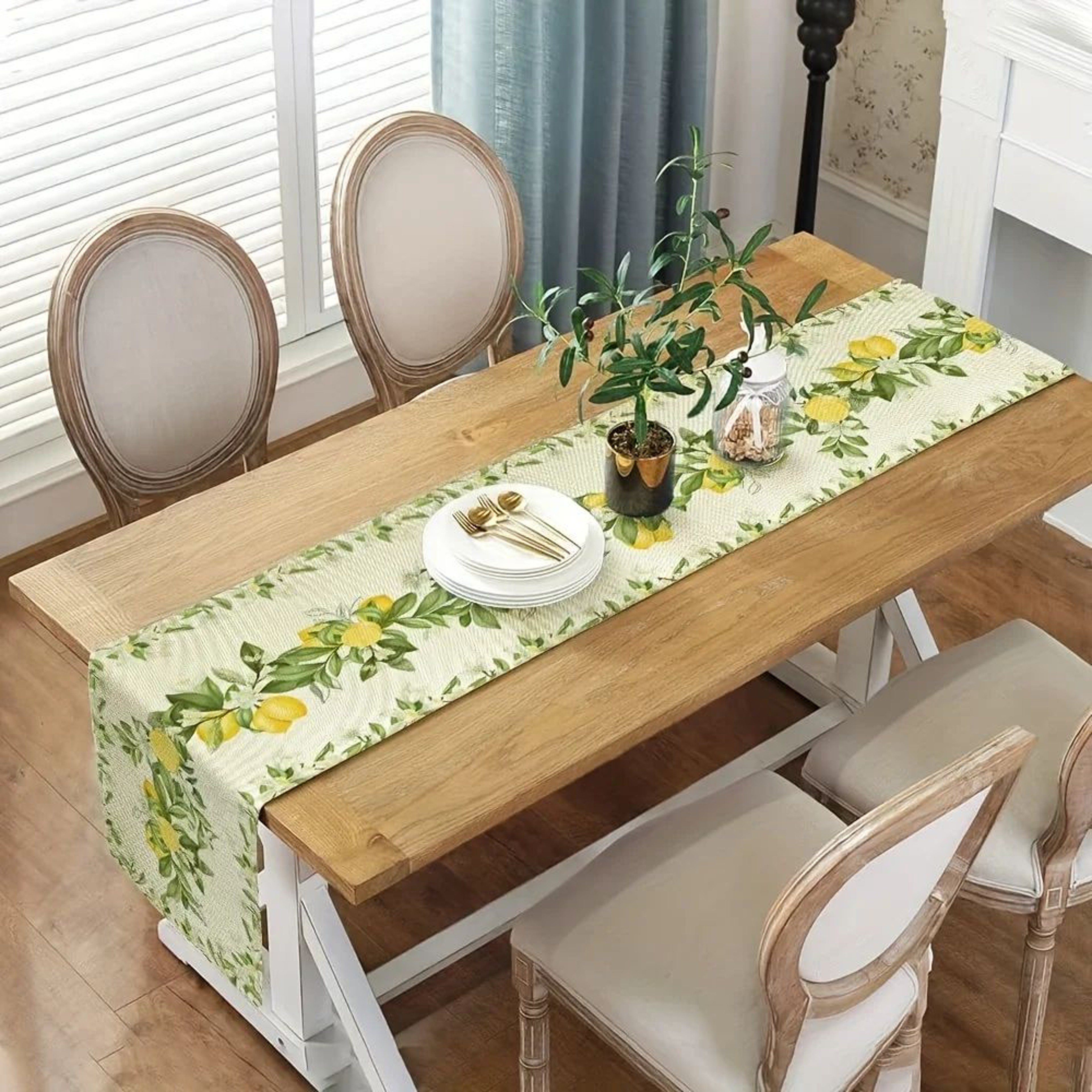 Lemon Blossom Linen Table Runner  Spring Summer Floral Table Decor Rustic Farmhouse Dresser Scarf 2