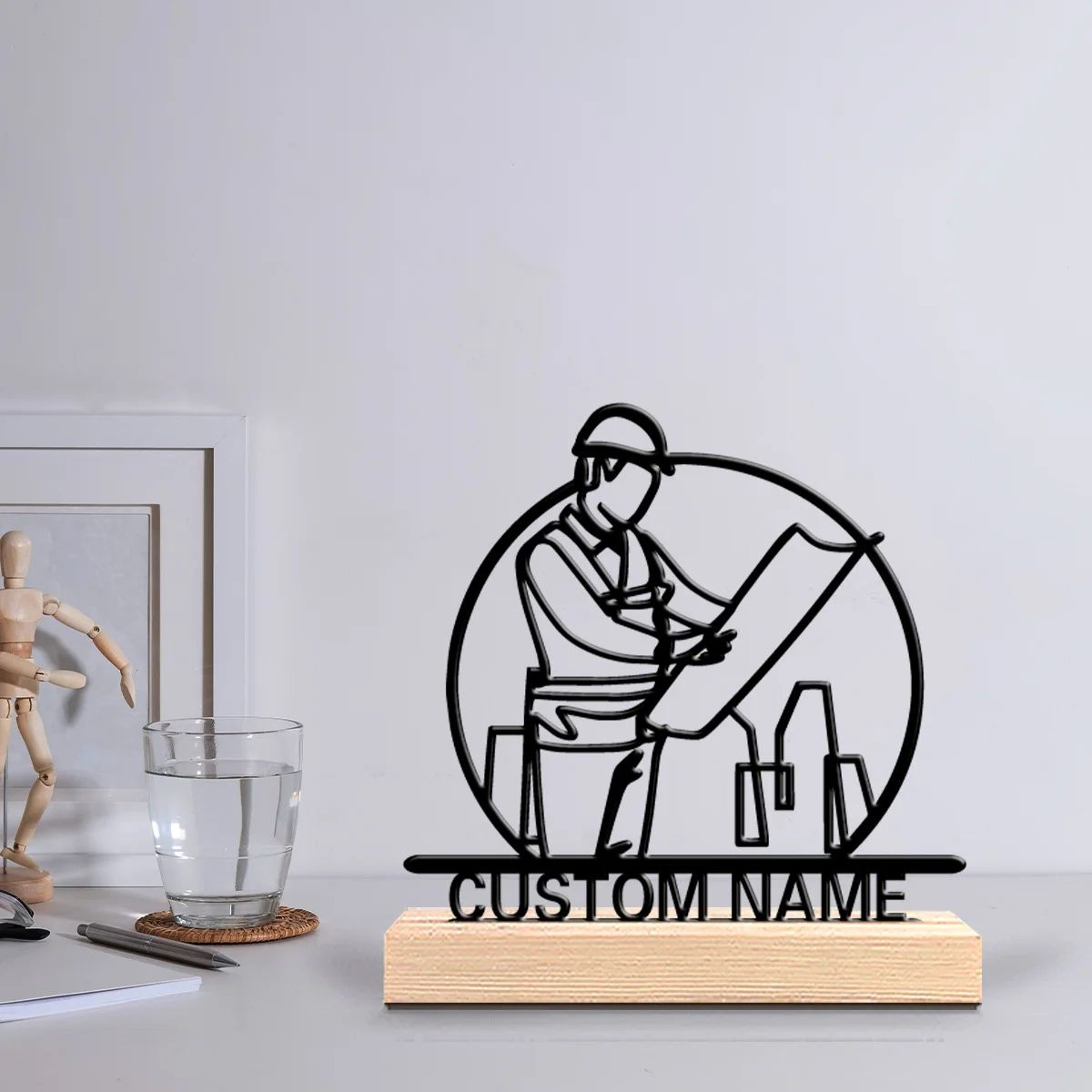 Personalized Architect Metal Sculpture  Custom Male Figure Desk Decor With Wooden Base Office Gift 0