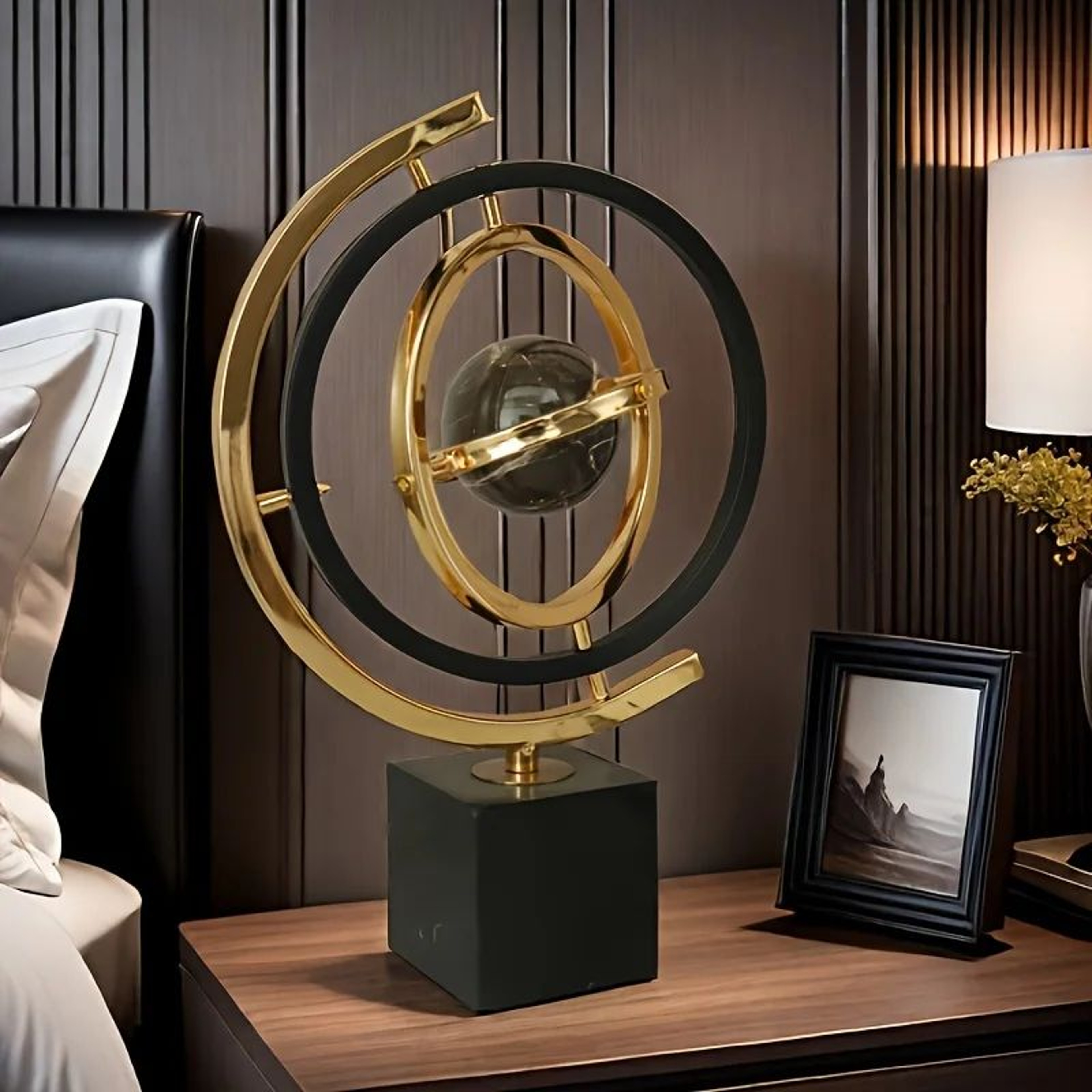 Modern Metal Globe Sculpture  Black  Gold Abstract World Decor With Rectangular Base For Home  Offi 1