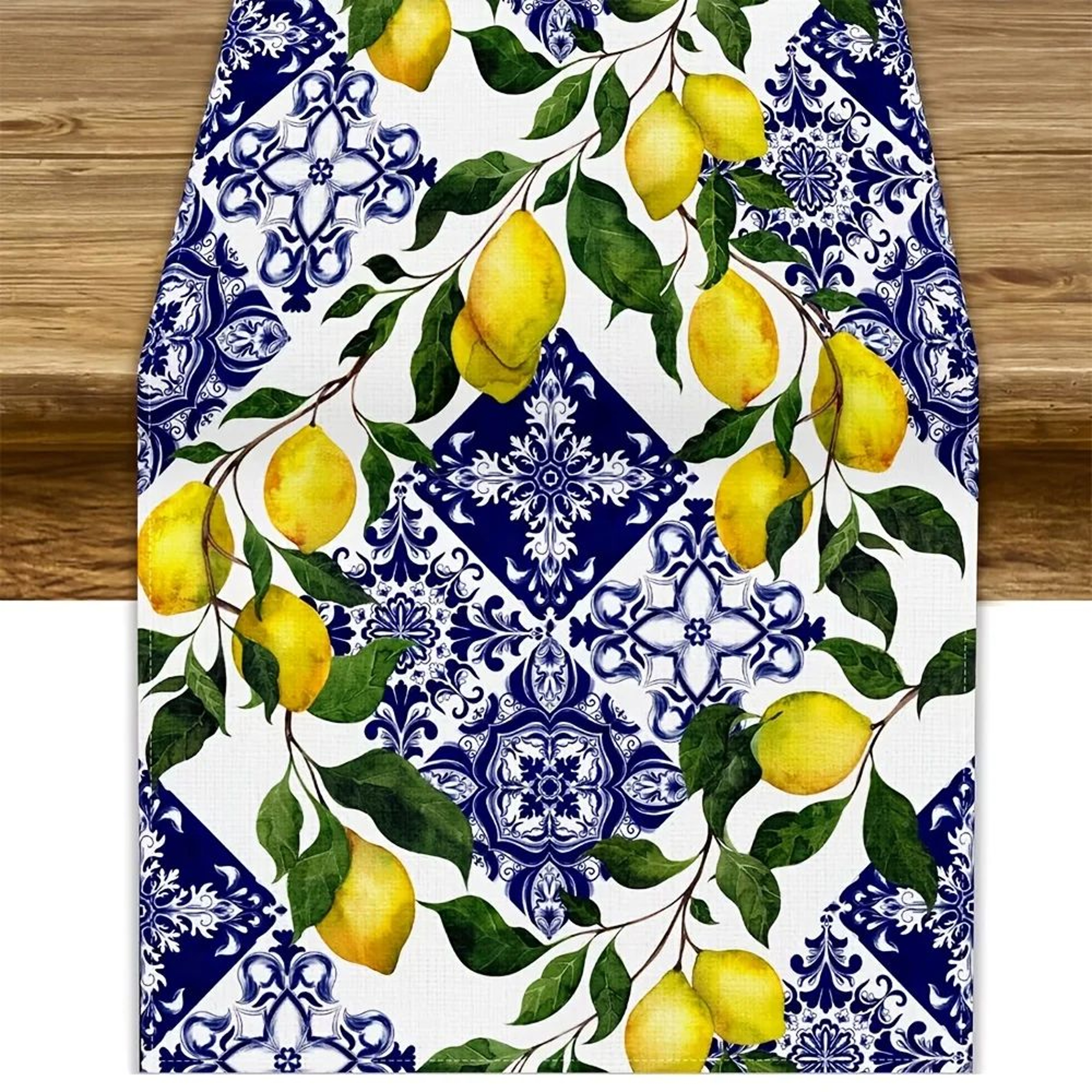 Blue Tile Lemon Linen Table Runner  Summer Citrus Floral Dining Table Decor Scarf 0