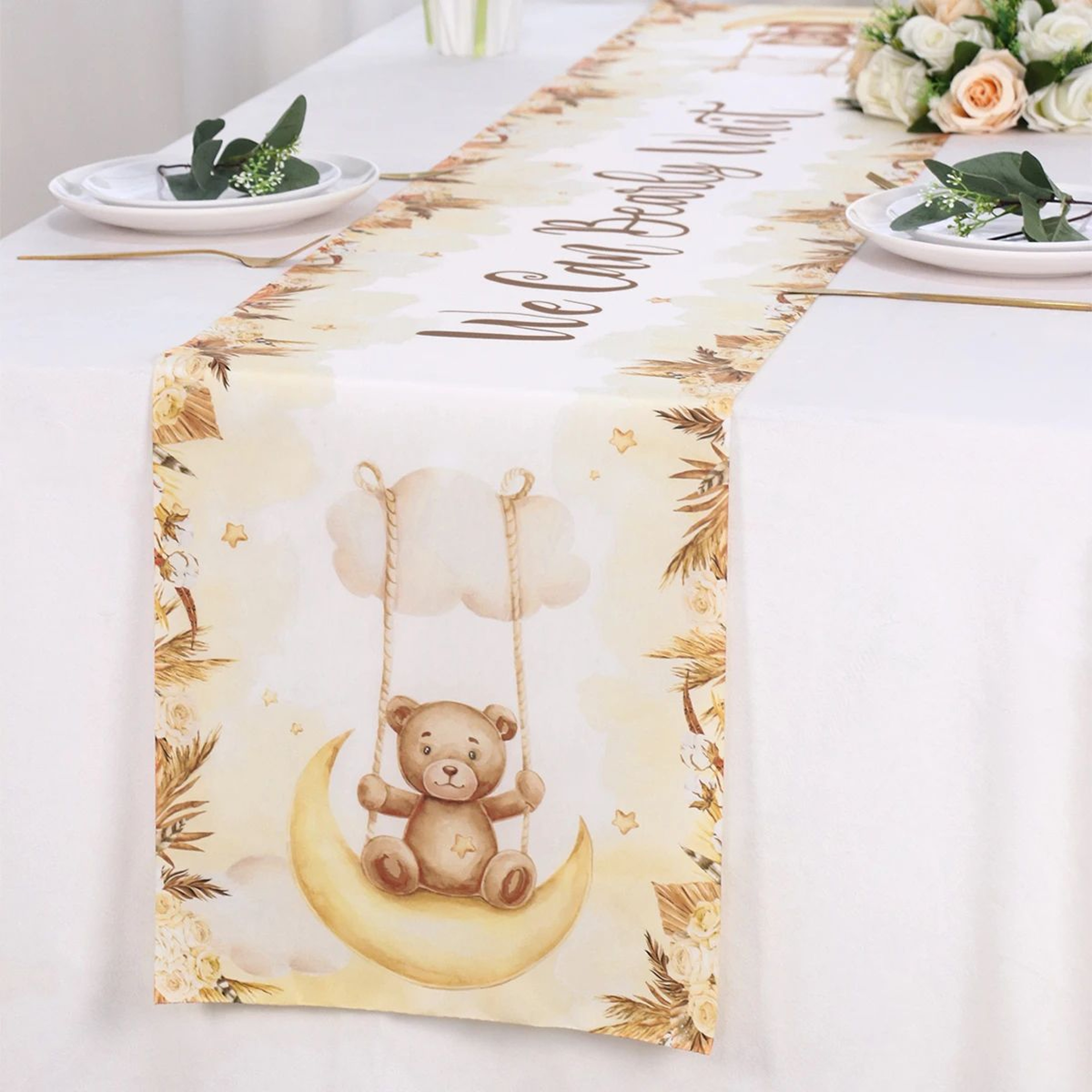 Cartoon Teddy Bear Table Runner  Cute Baby Shower  1st Birthday Table Decor 1