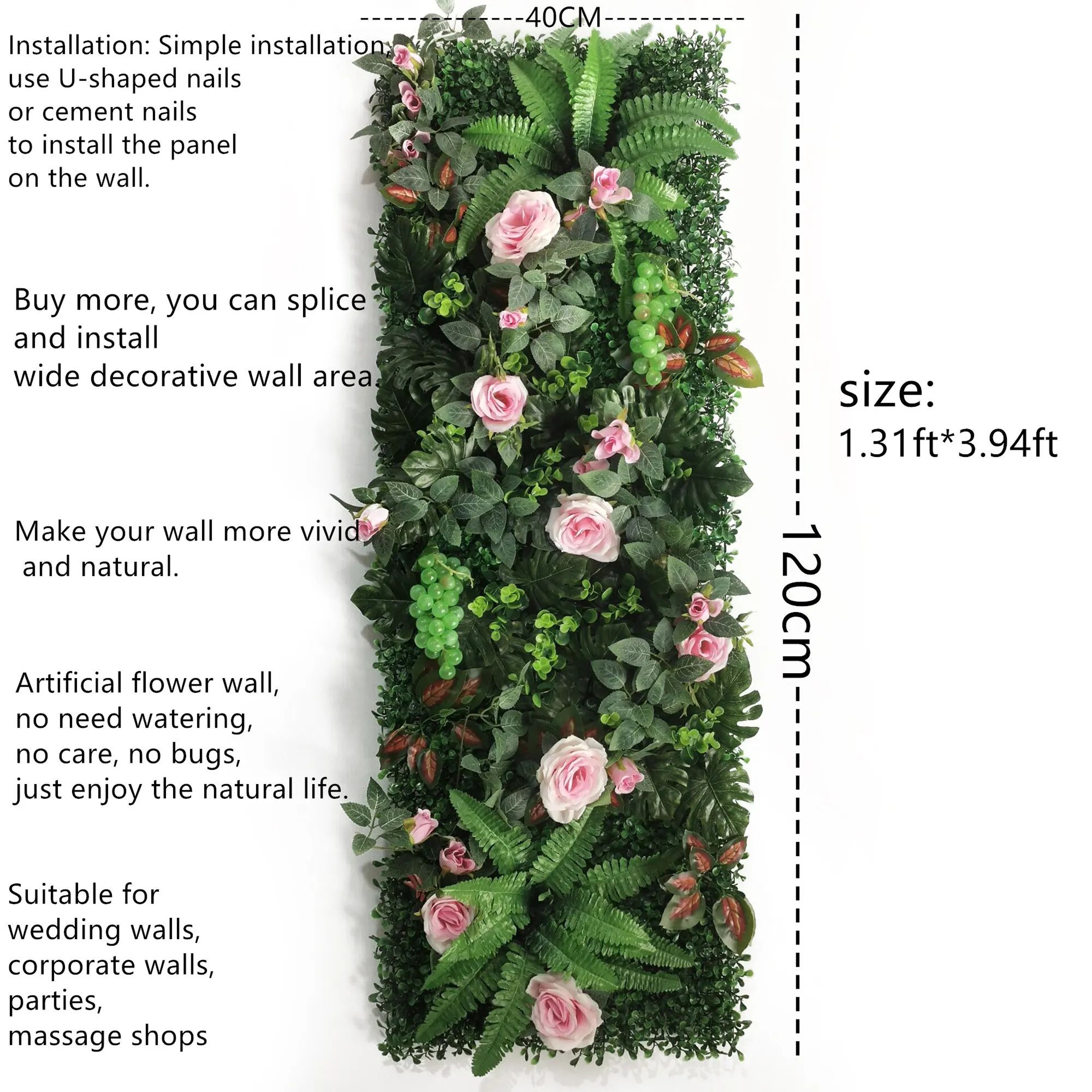 Artificial Rose Grass Wall Panel  16x47in Floral Lawn Decor With Straw Mat Backing 5
