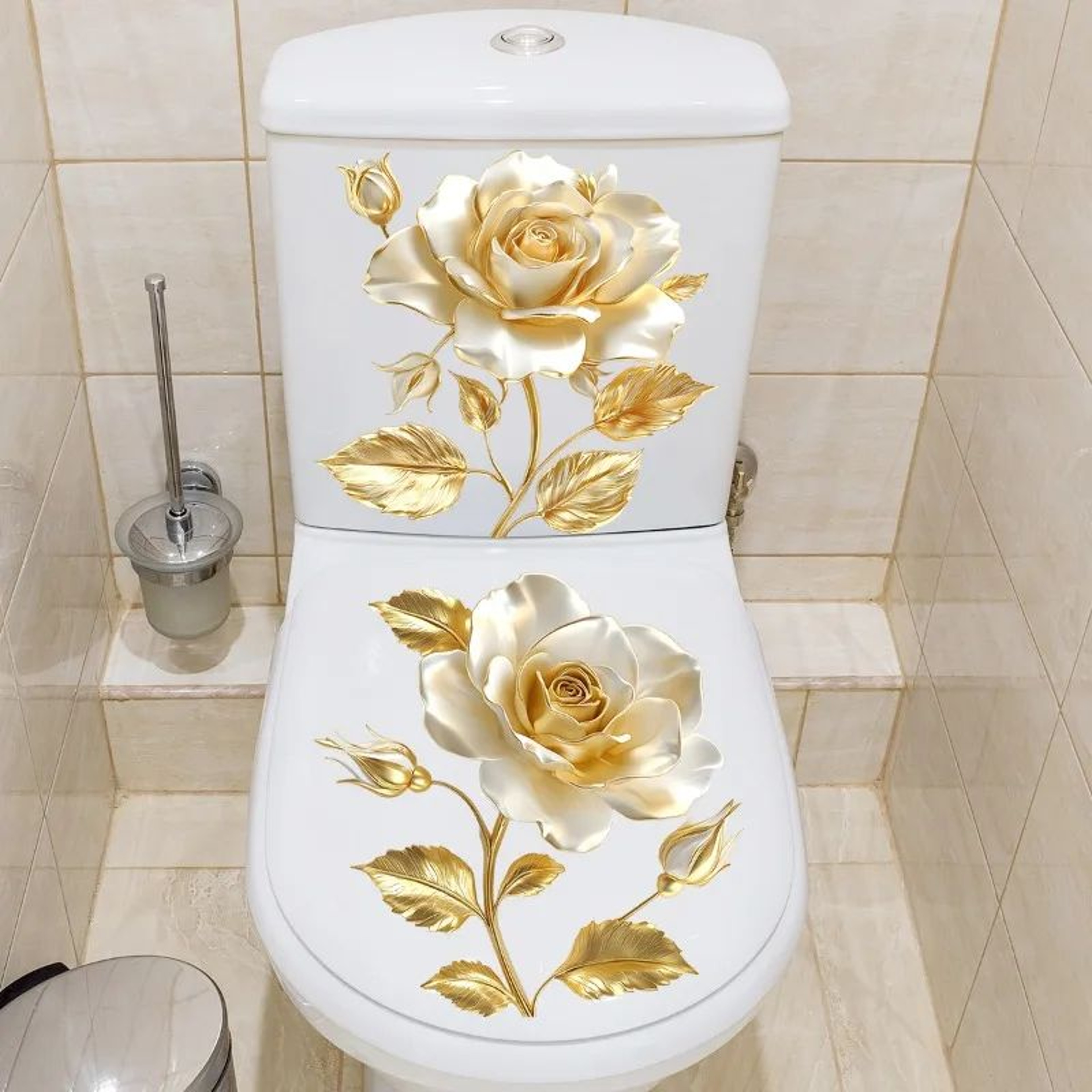 Golden Flower Toilet Lid Sticker  Waterproof Vinyl Bathroom Decor Decal 1