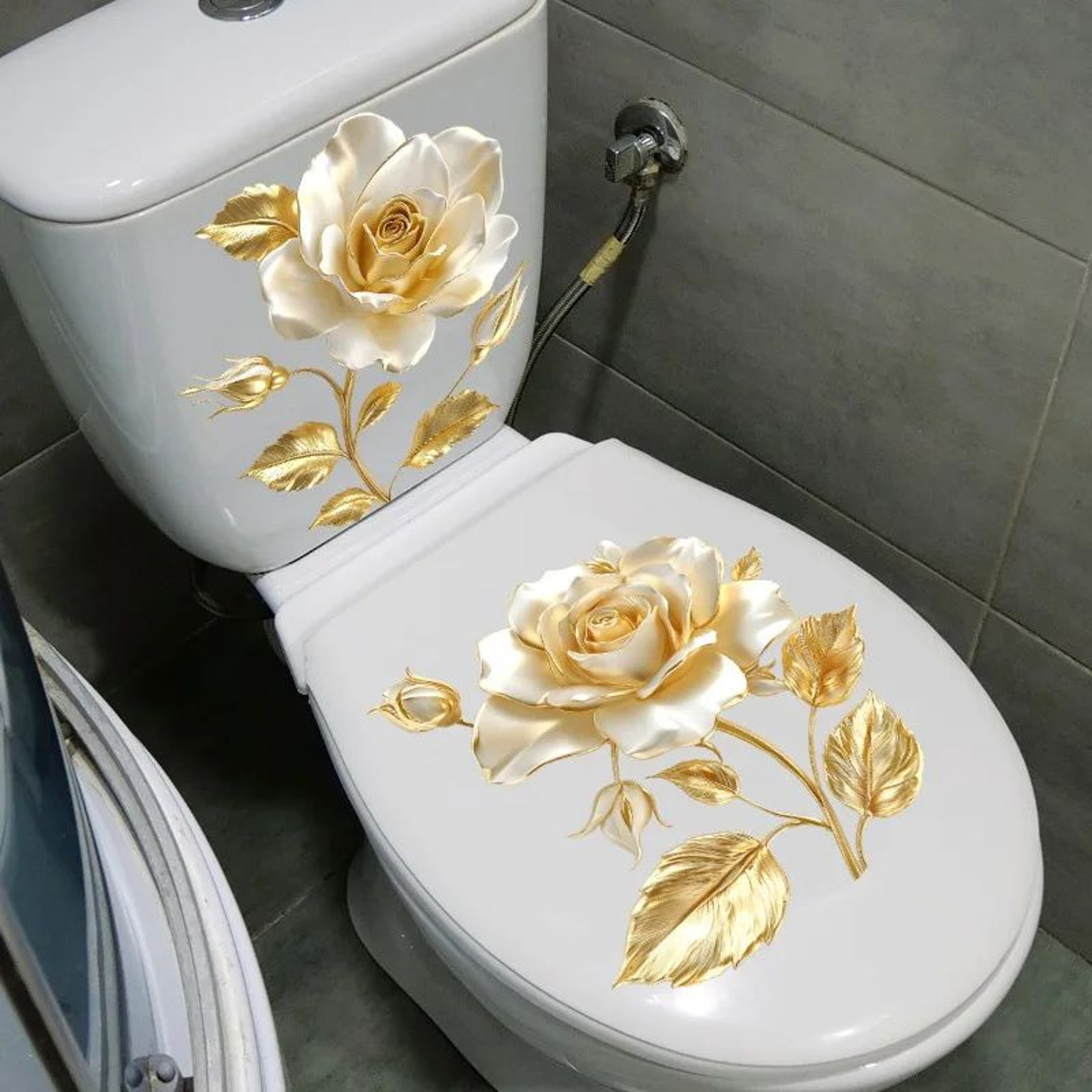 Golden Flower Toilet Lid Sticker  Waterproof Vinyl Bathroom Decor Decal 2
