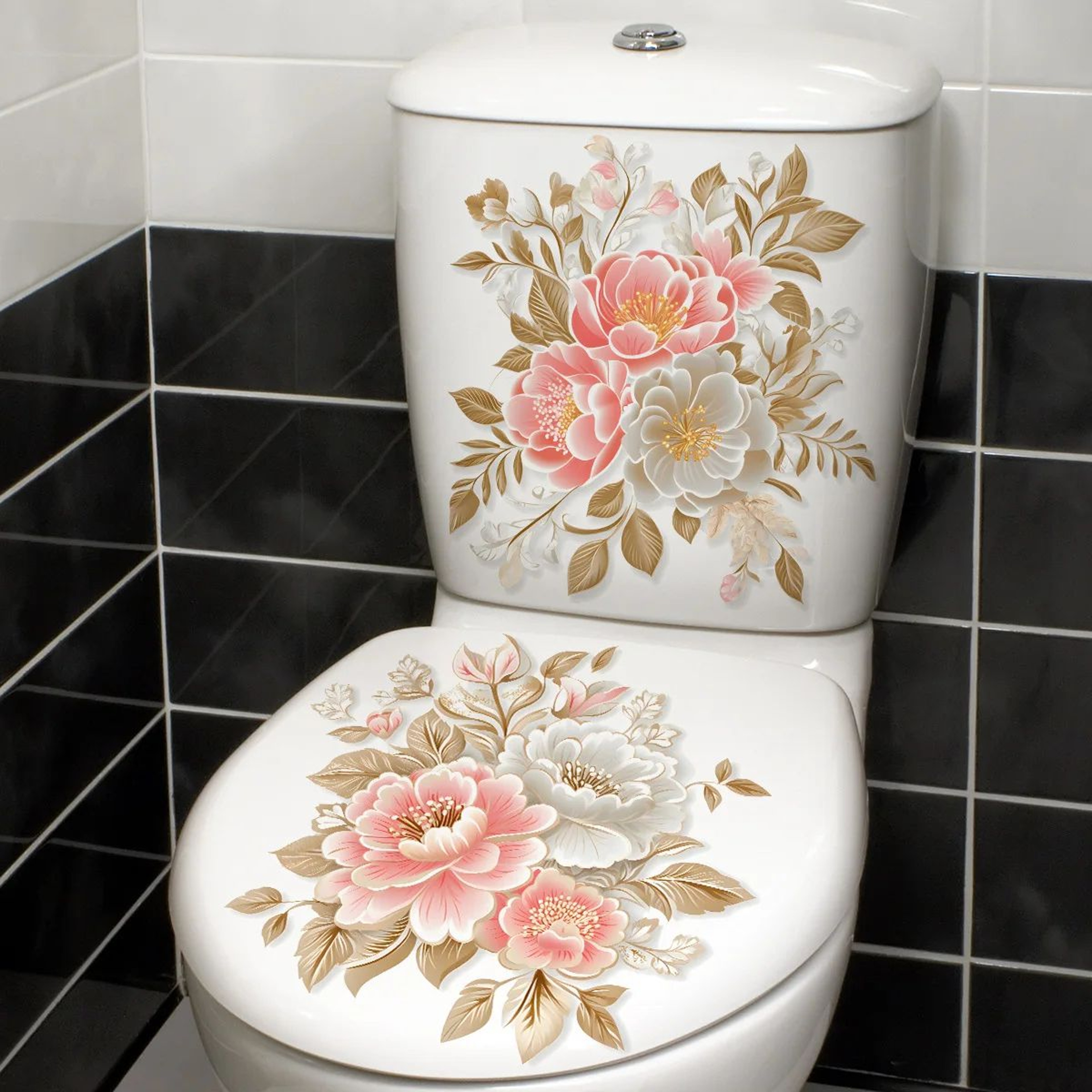 Golden Flower Toilet Lid Sticker  Waterproof Vinyl Bathroom Decor Decal 6