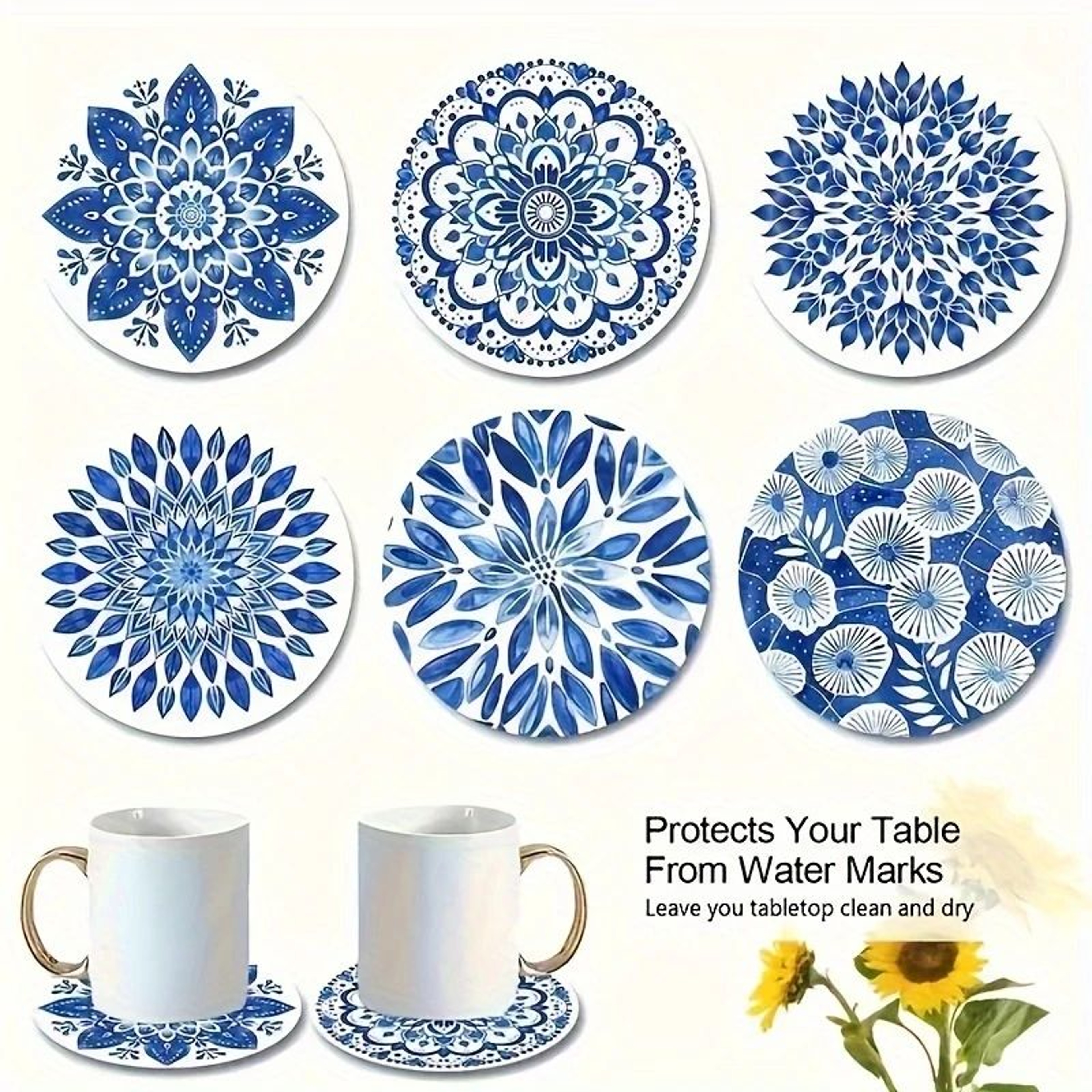 Celadon Floral Wooden Coasters Set  6pcs HeatResistant Coffee Cup Mats For Home  Office 1