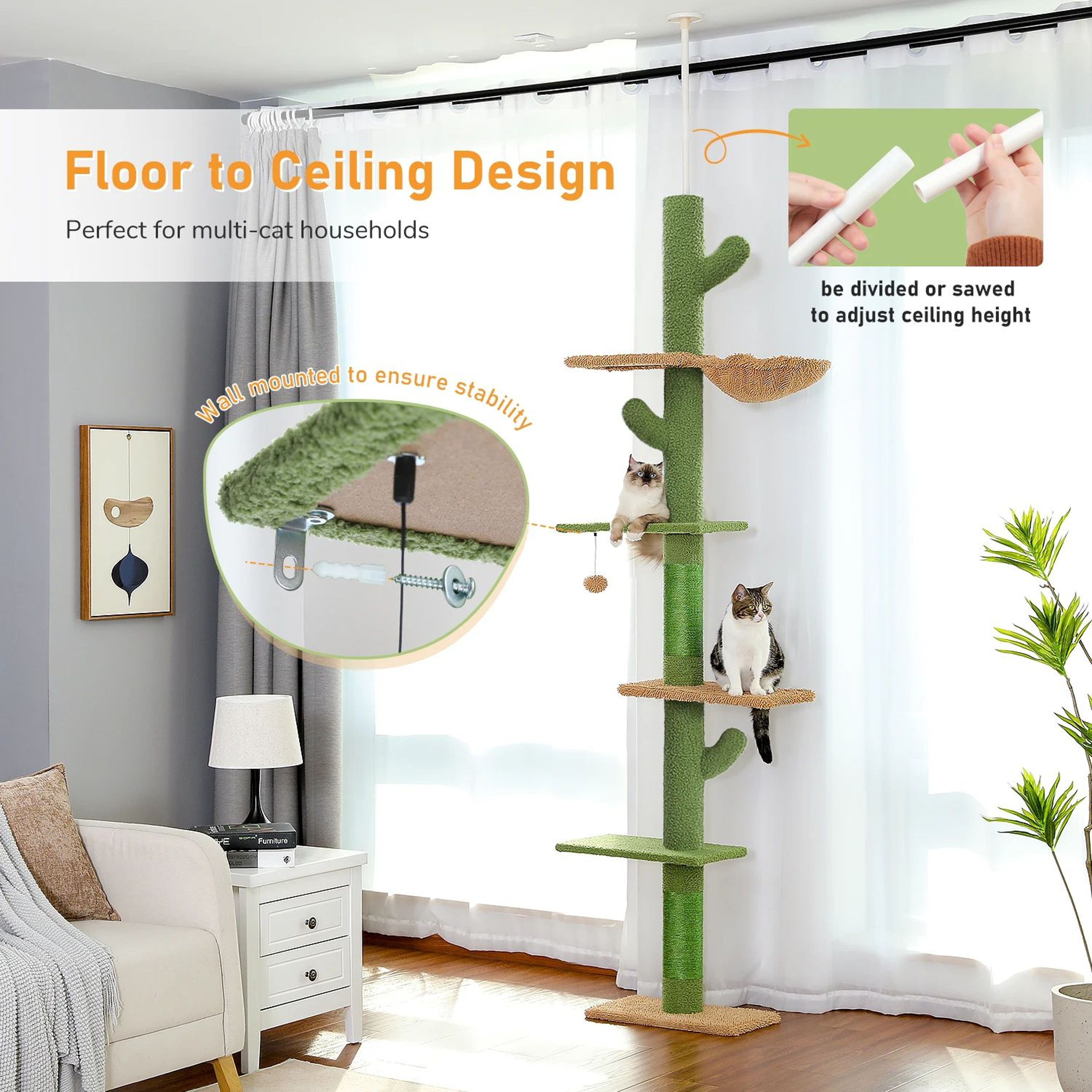 Adjustable FloortoCeiling Cat Tree Tower  Cat Condo Hammock Scratching Posts  Hanging Toy 4
