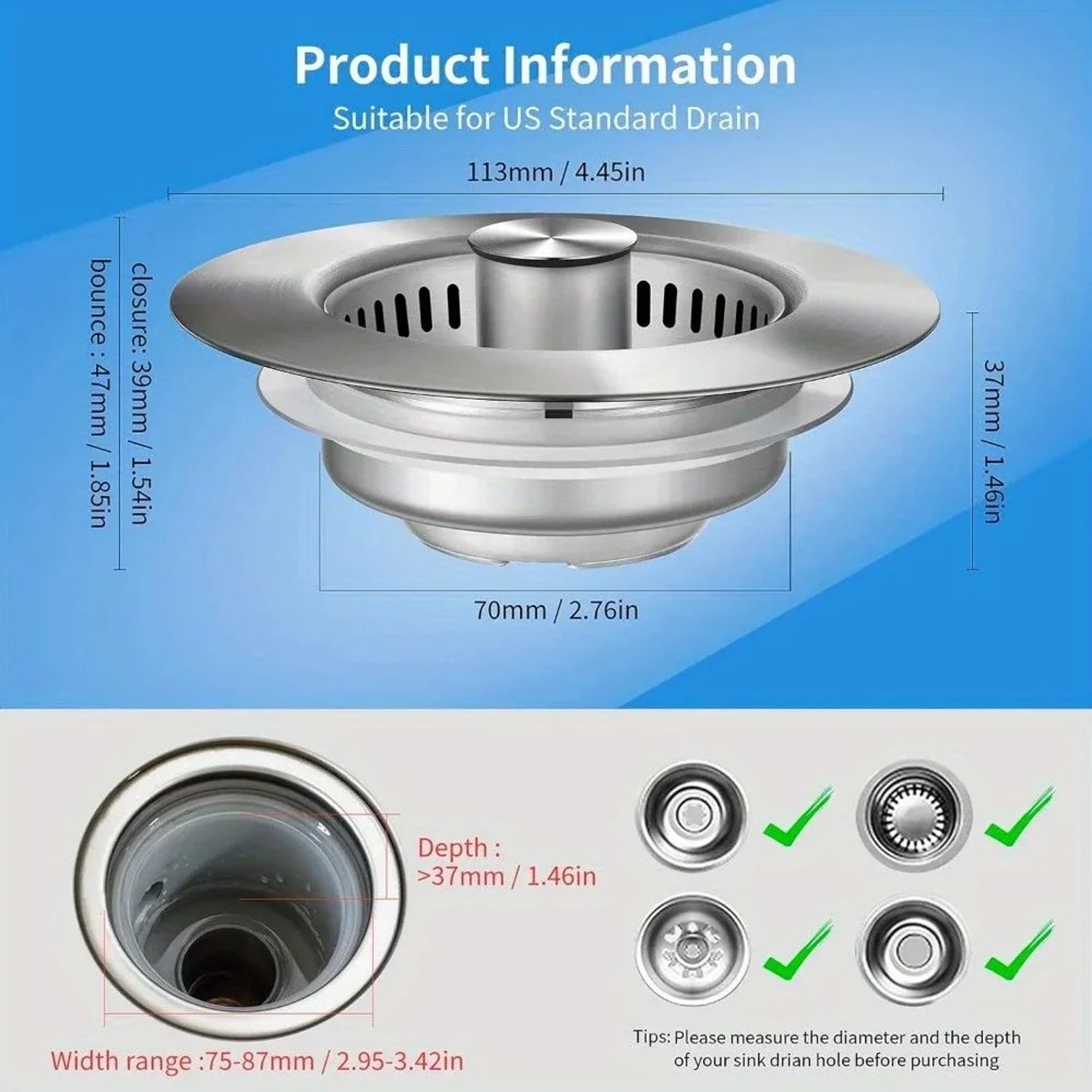 3in1 Stainless Steel Kitchen Sink Strainer PopUp Stopper  AntiClog Basket Drain Filter  Odor Blocke 4