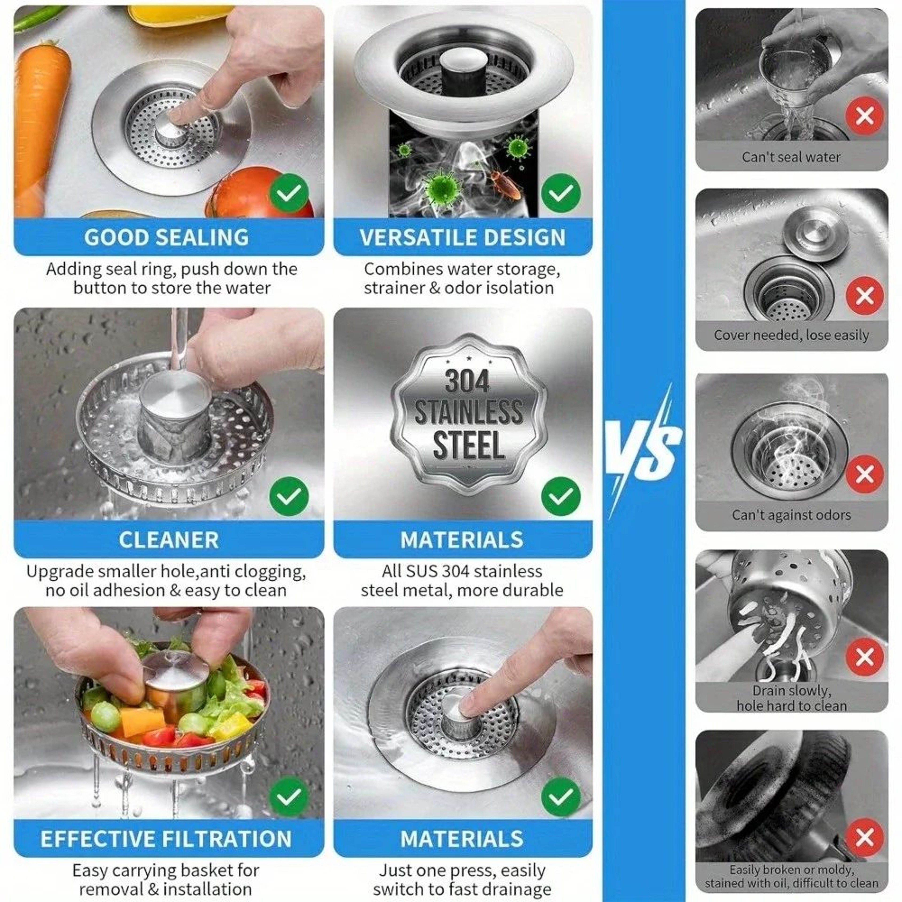 3in1 Stainless Steel Kitchen Sink Strainer PopUp Stopper  AntiClog Basket Drain Filter  Odor Blocke 1