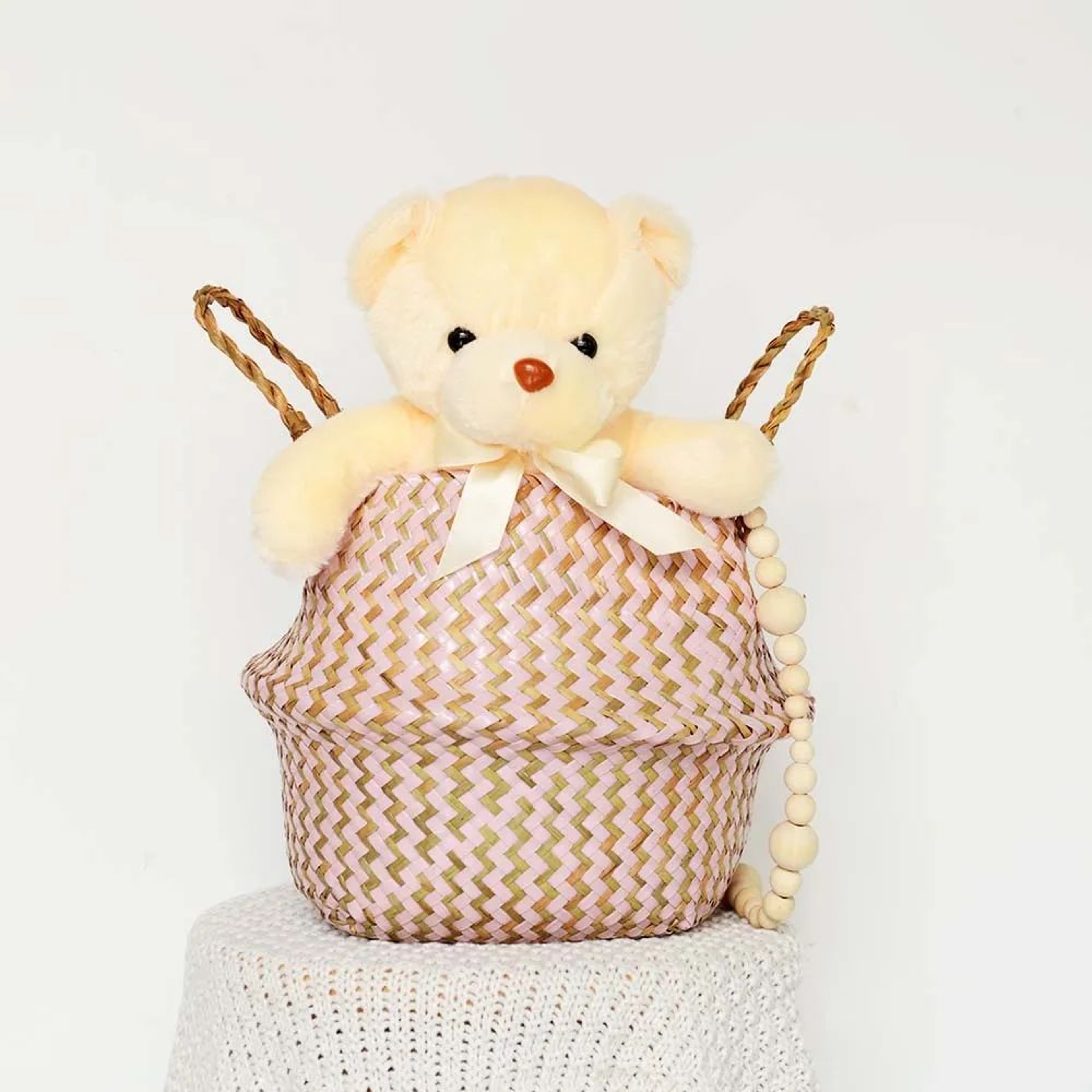 Boho Wicker Storage Basket  Handmade Collapsible Woven Laundry Hamper Striped Flower Pot  Natural H 5