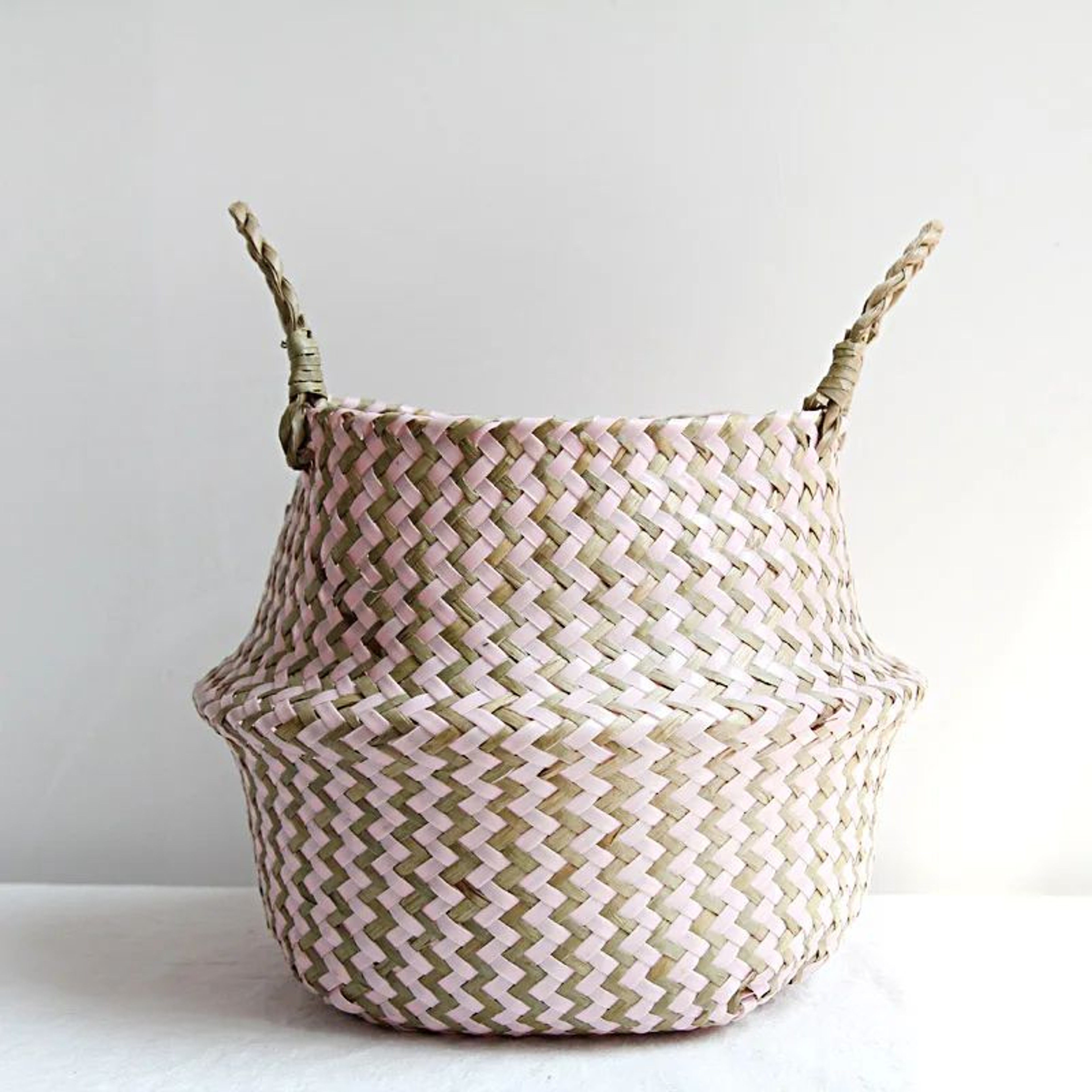 Boho Wicker Storage Basket  Handmade Collapsible Woven Laundry Hamper Striped Flower Pot  Natural H 7