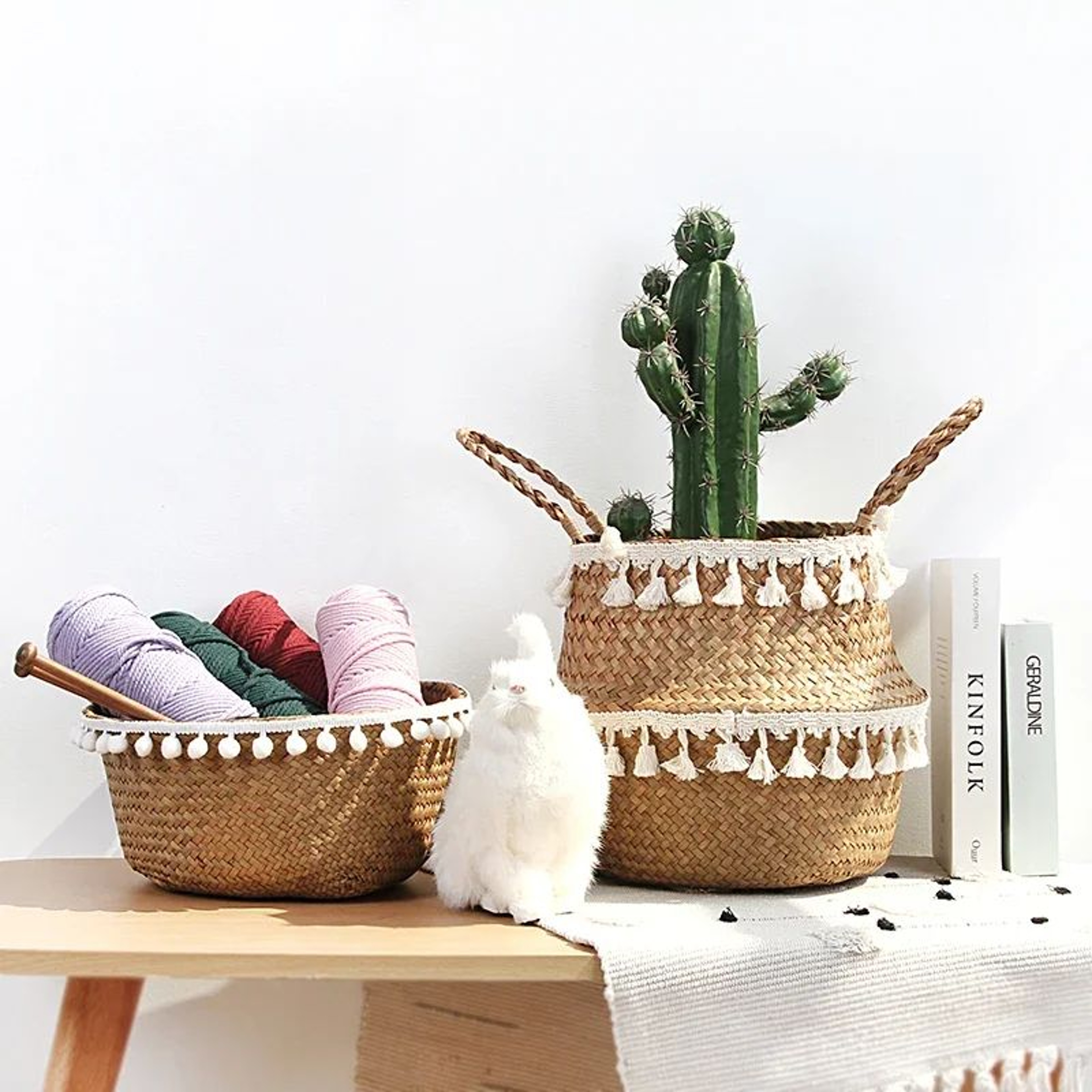 Handmade Wicker Storage Basket  Foldable Seagrass Rattan Belly Planter Woven Laundry  Flower Pot Ba 2