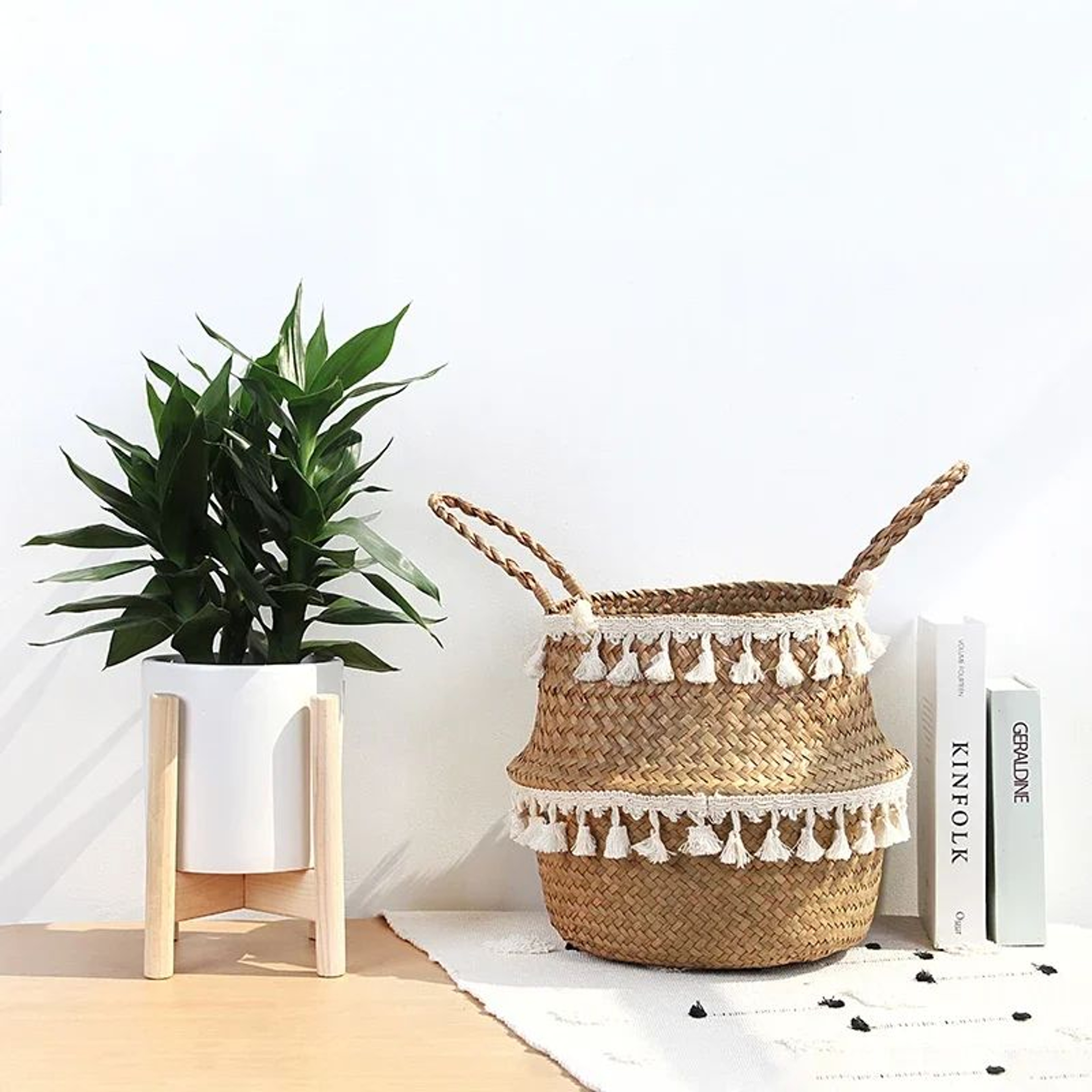 Handmade Wicker Storage Basket  Foldable Seagrass Rattan Belly Planter Woven Laundry  Flower Pot Ba 1