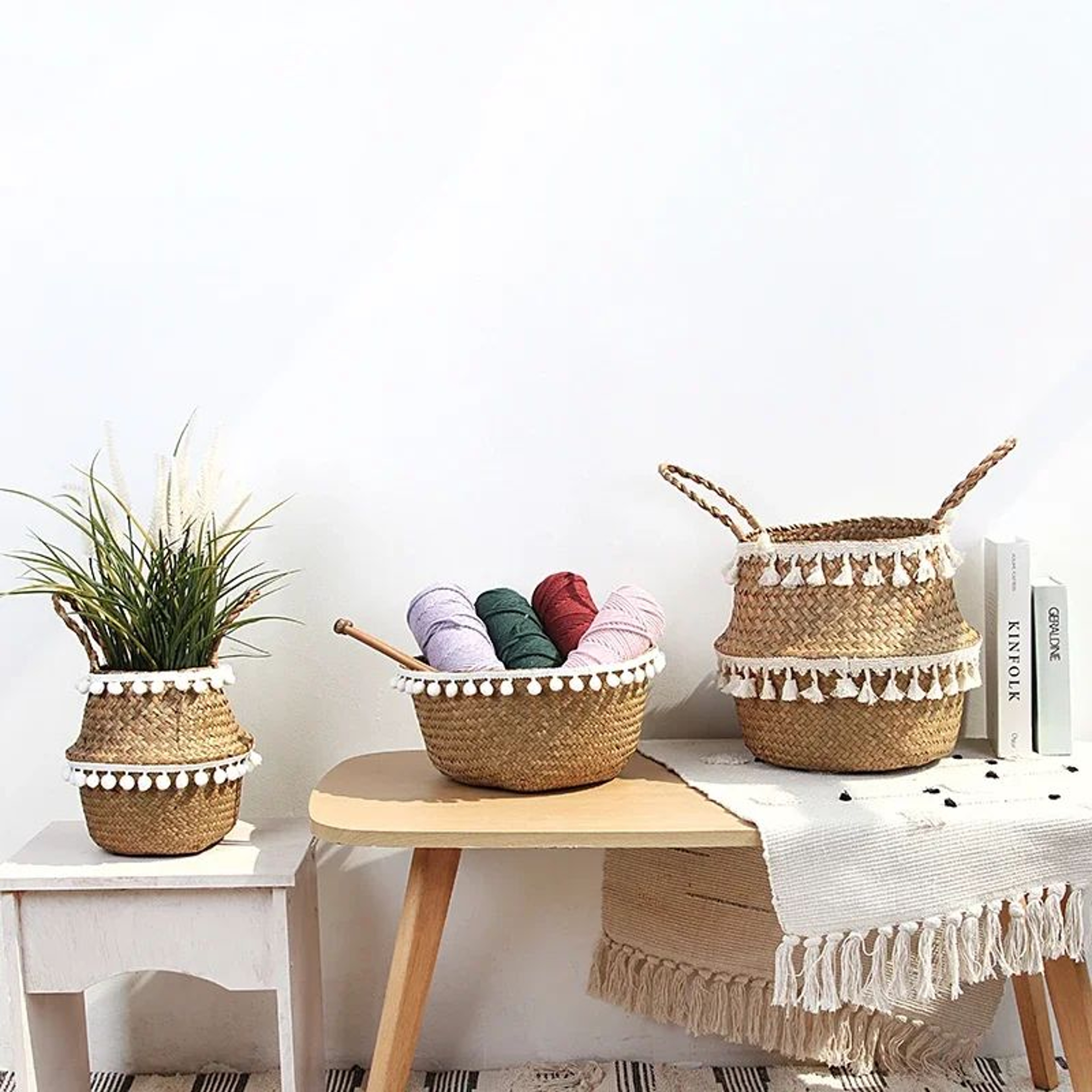Handmade Wicker Storage Basket  Foldable Seagrass Rattan Belly Planter Woven Laundry  Flower Pot Ba 3