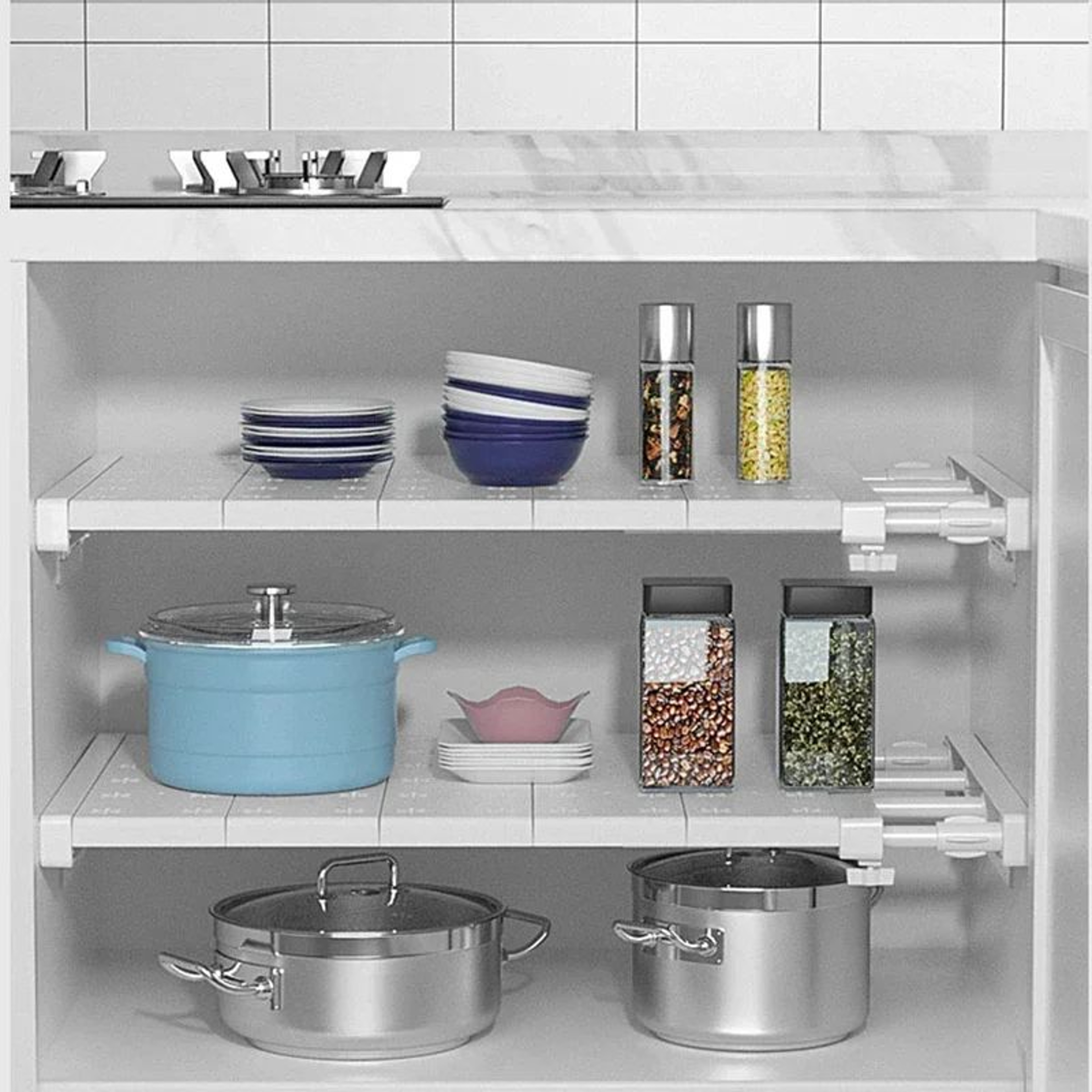 PunchFree Expandable Storage Divider  Retractable Plastic Tension Shelf For Wardrobe Kitchen Bathro 4
