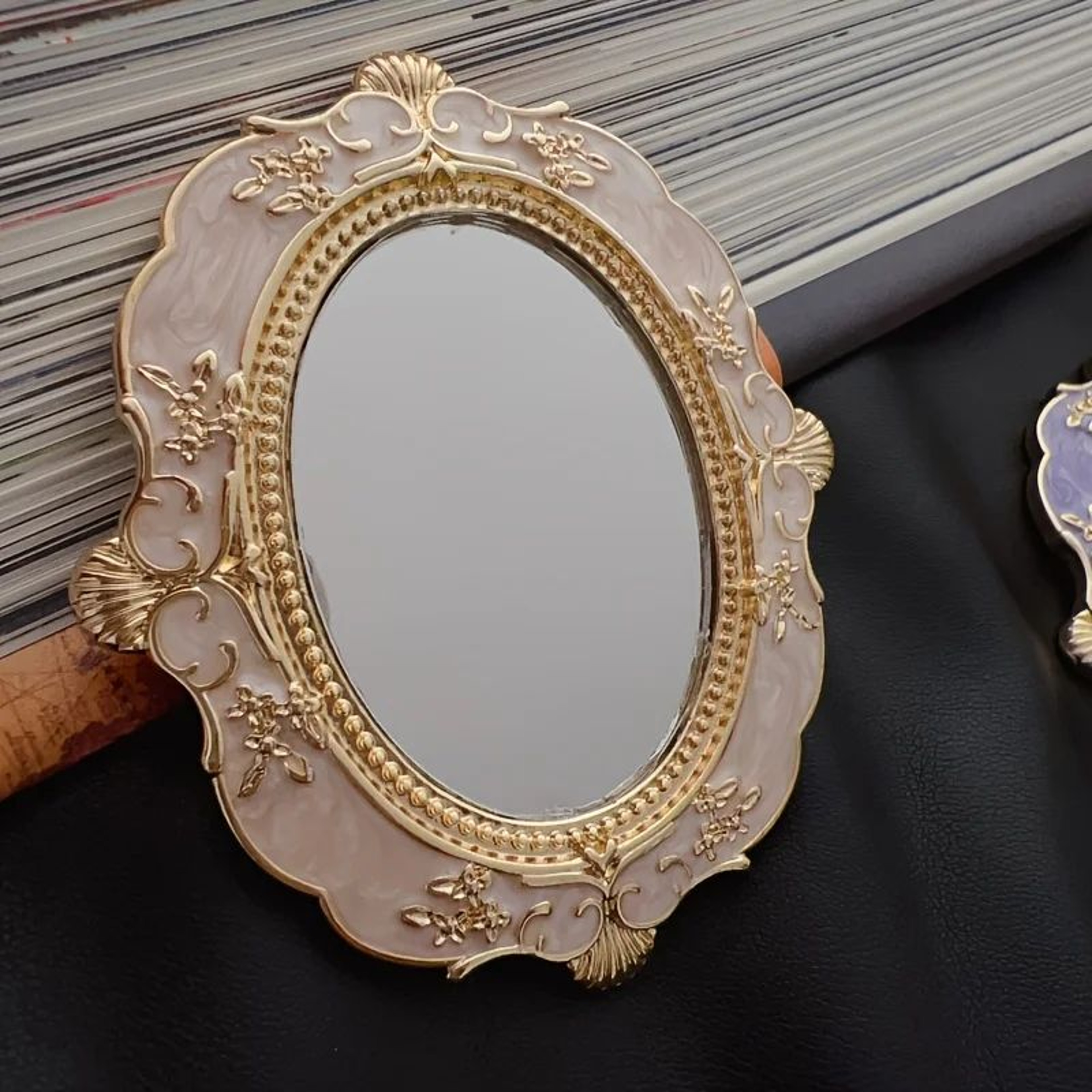 Vintage Floral Hand Mirror  Metal Frame Glass Vanity Mirror With Palace Style Relief For Makeup Tab 6