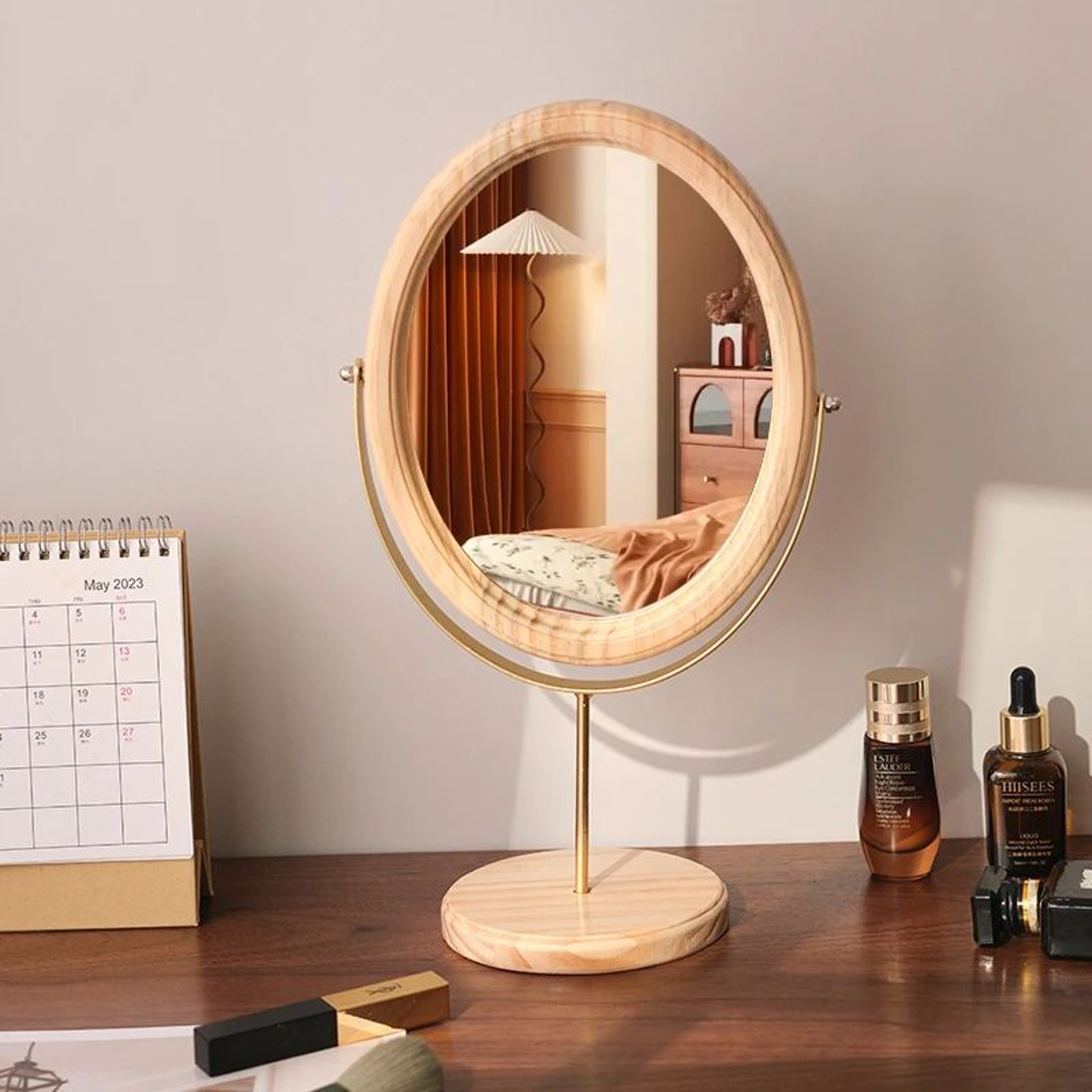Wooden Oval Desktop Vanity Mirror  Retro Makeup Mirror For Bedroom Dorm Room Dresser  Tabletop Beau 2