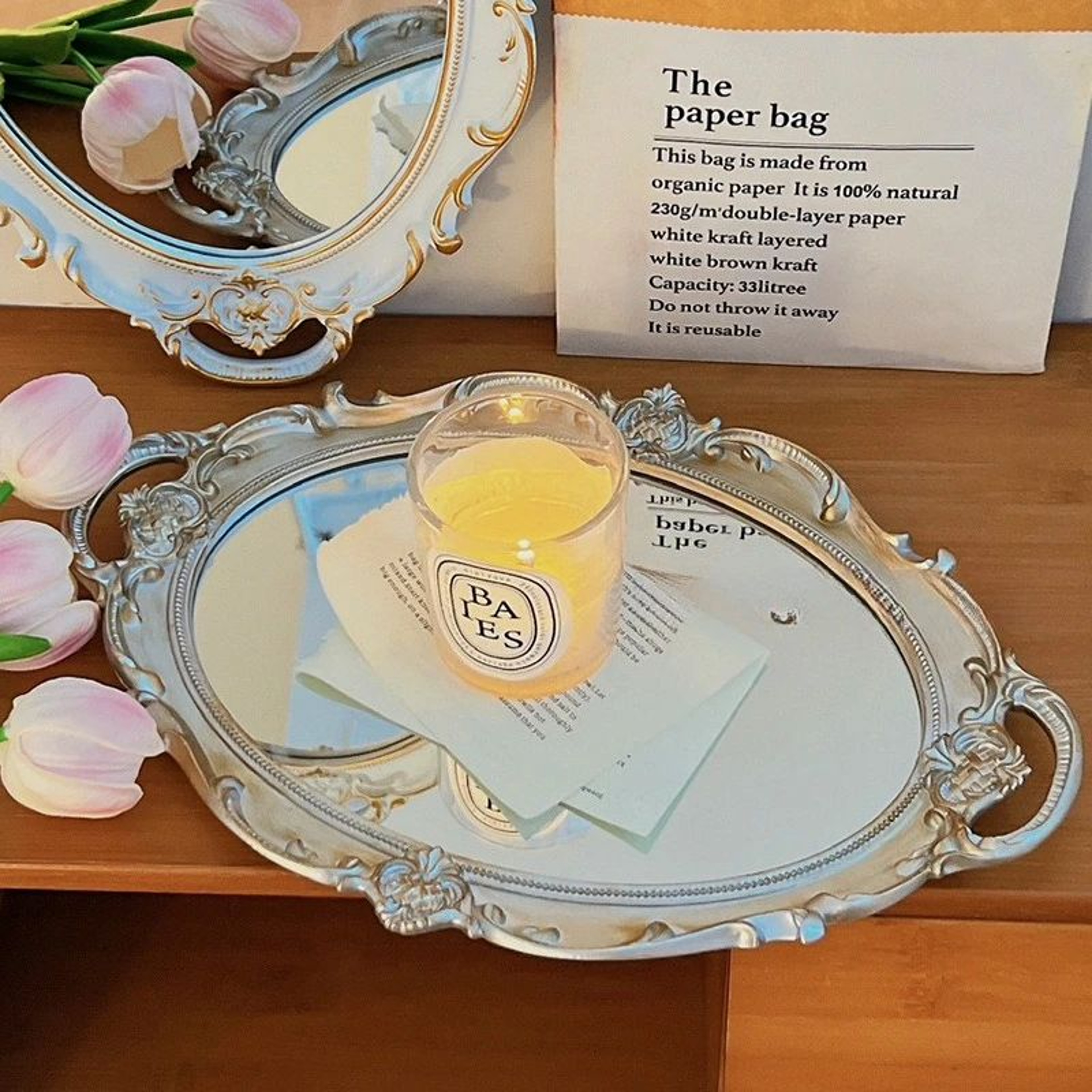 French Retro Desktop Makeup Mirror  Vintage Vanity Decor With Jewelry Storage Tray For Bedroom Dres 3