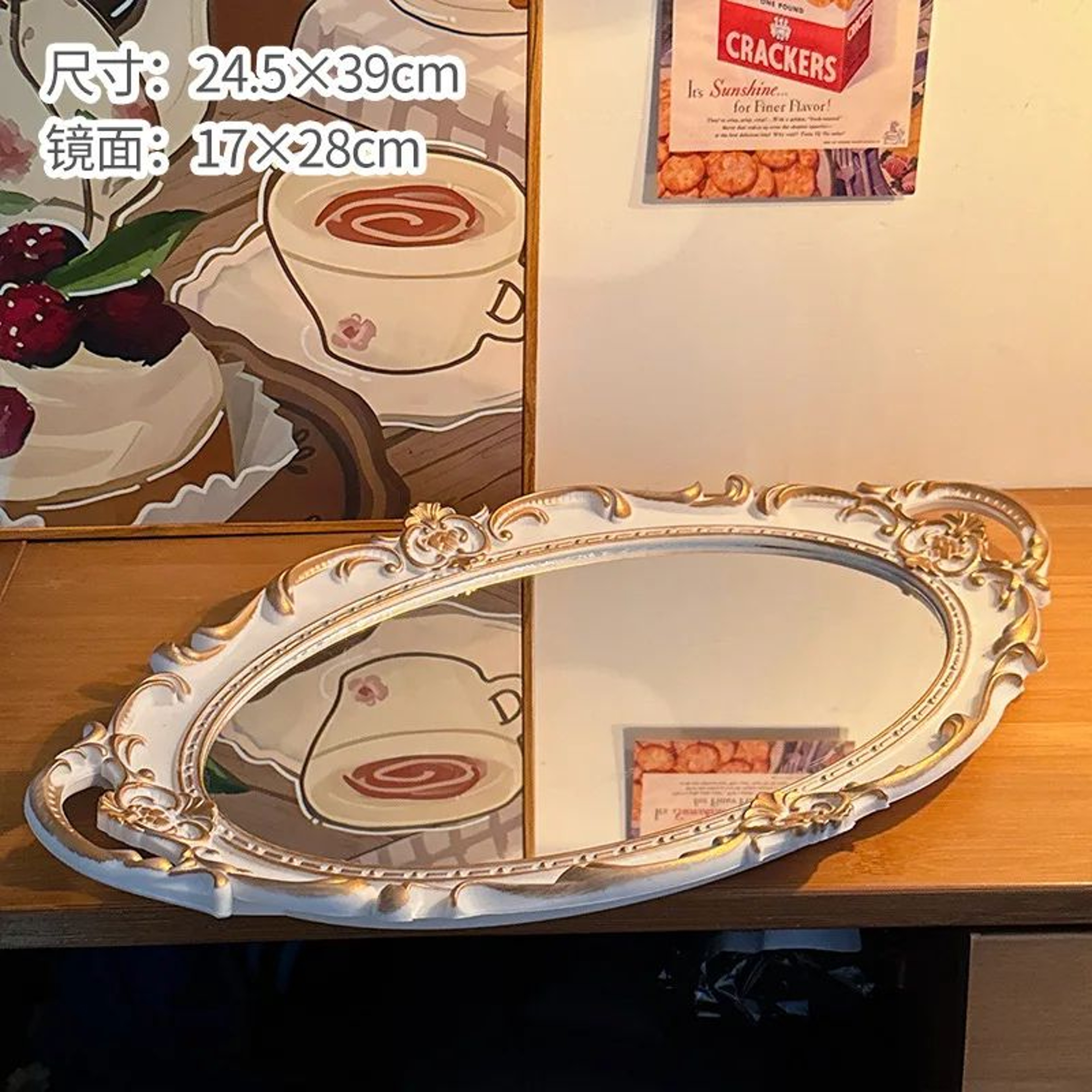French Retro Desktop Makeup Mirror  Vintage Vanity Decor With Jewelry Storage Tray For Bedroom Dres 6