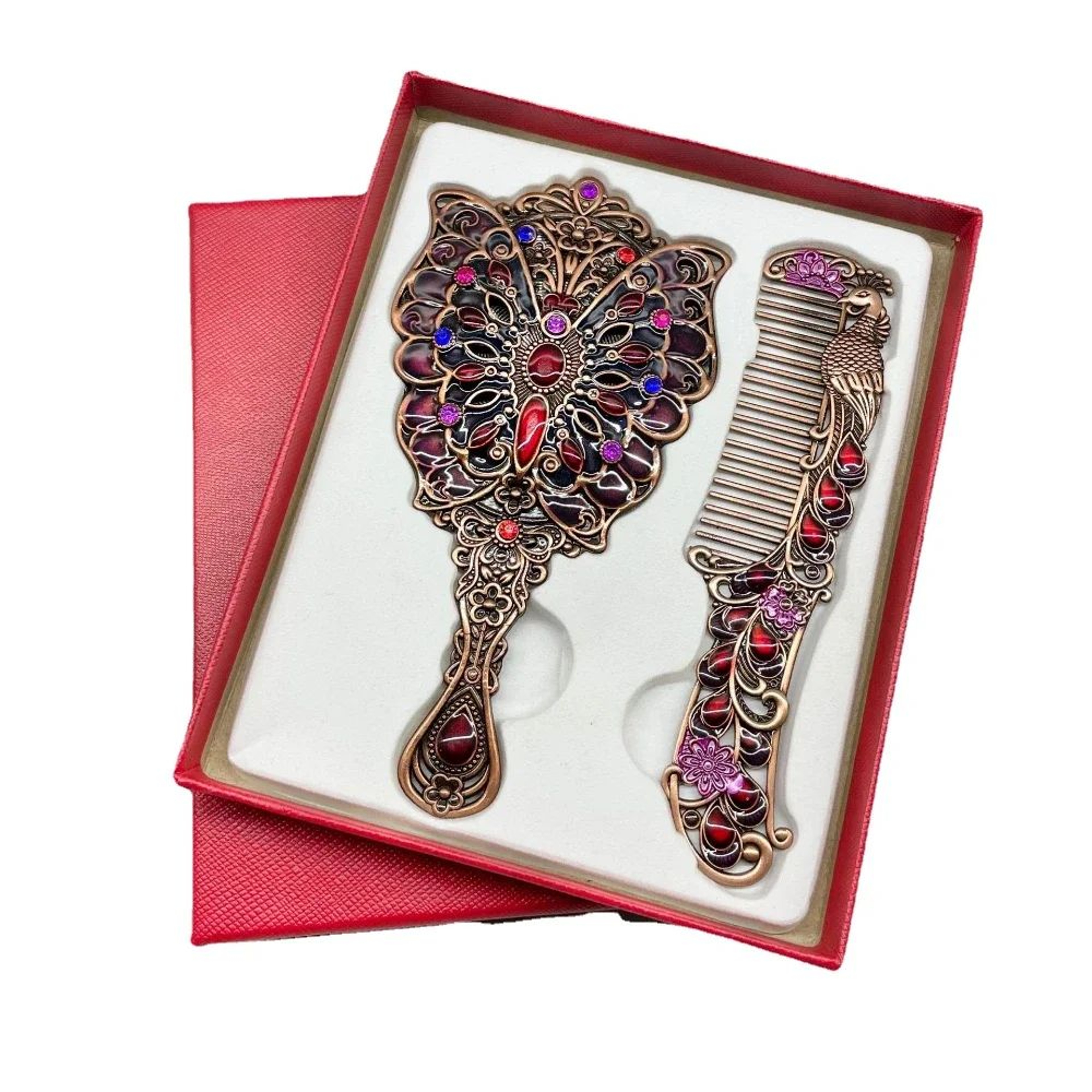Retro Peacock Handheld Makeup Mirror  Portable Kirsite Vanity Mirror  Comb Set With Decorative Hand 3