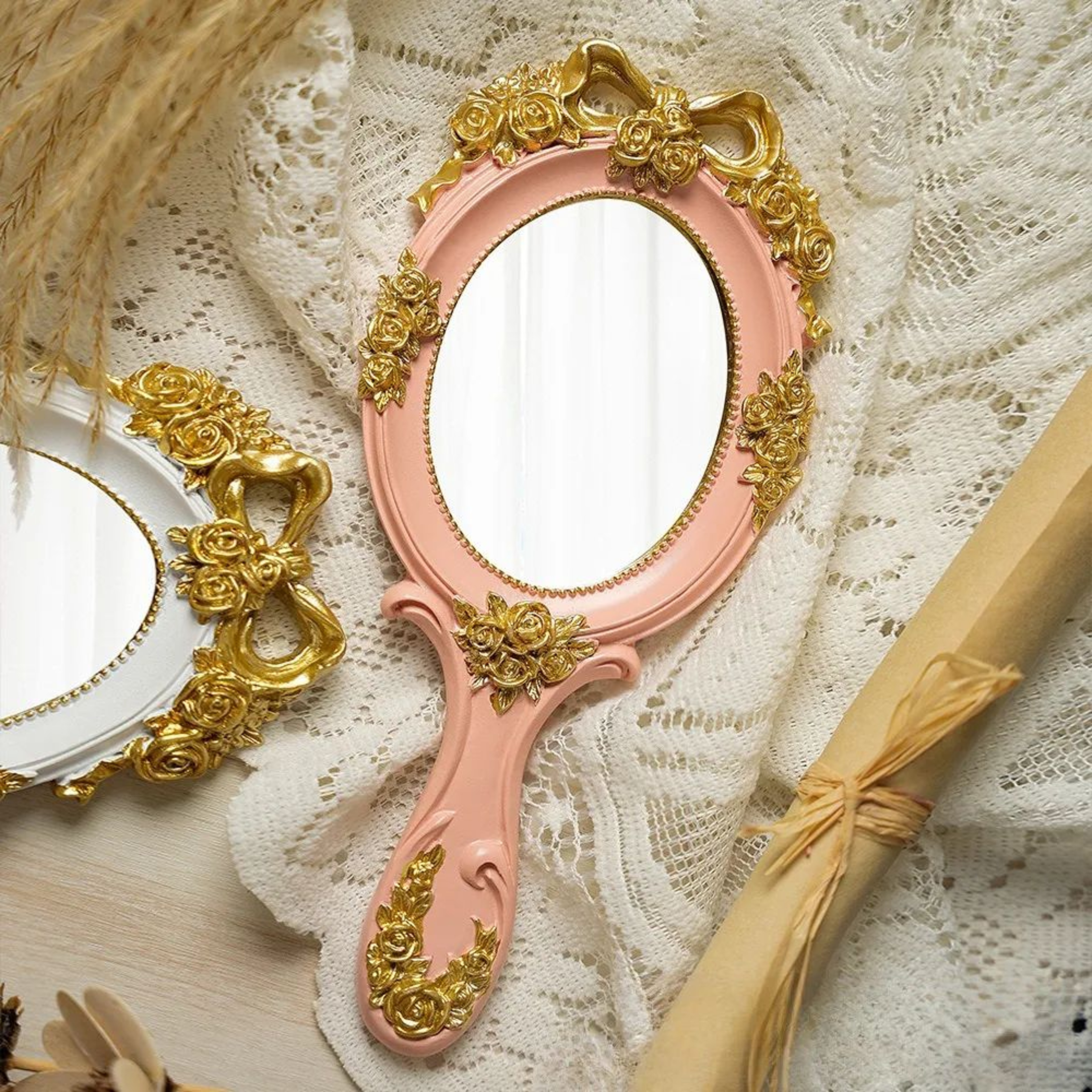 Vintage Rose Handheld Vanity Mirror  Portable Oval Resin Makeup Mirror With Embossed Floral Design  3