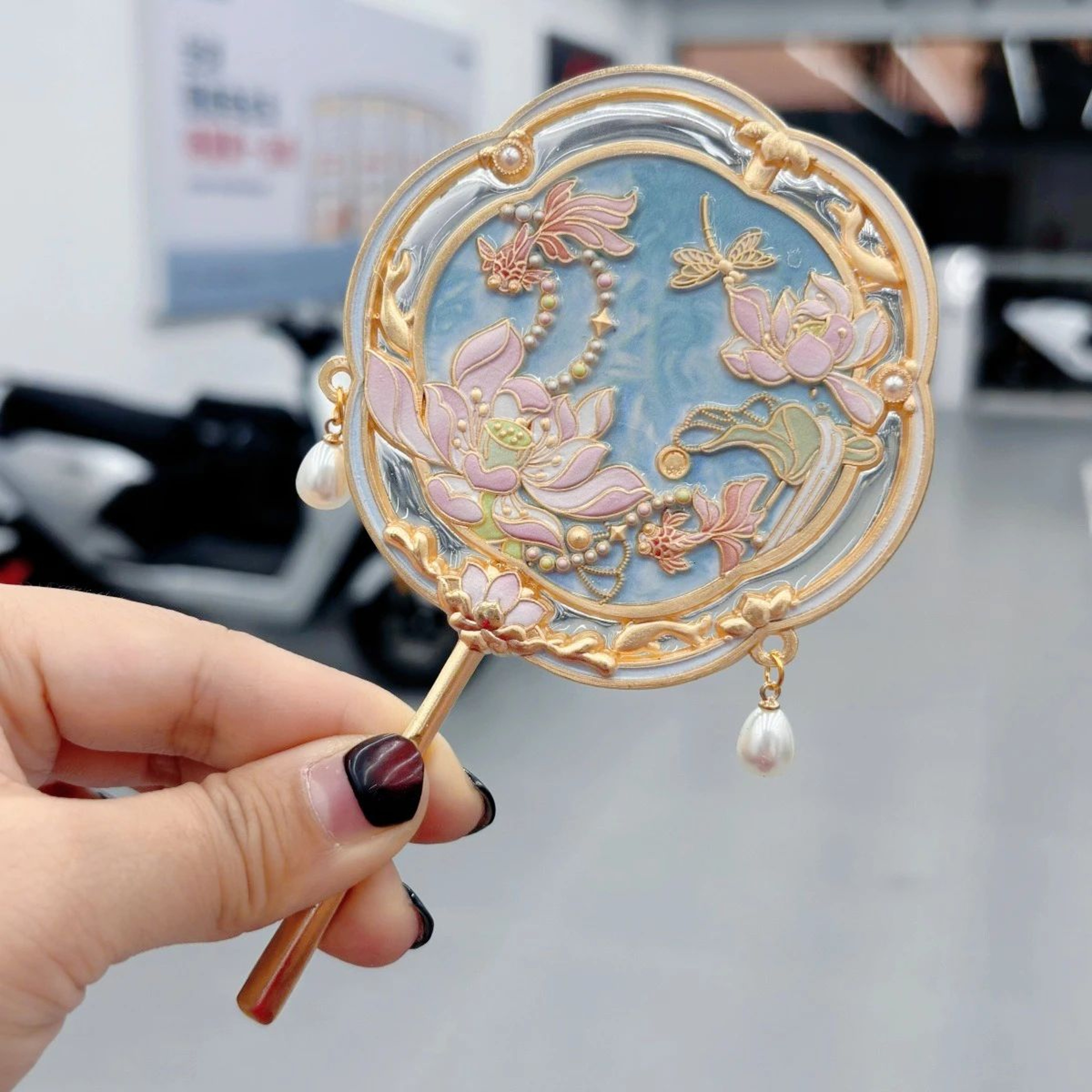 Lotus Goldfish Portable Makeup Mirror  Chinese Style Compact Travel Vanity Mirror Beijing Souvenir  1